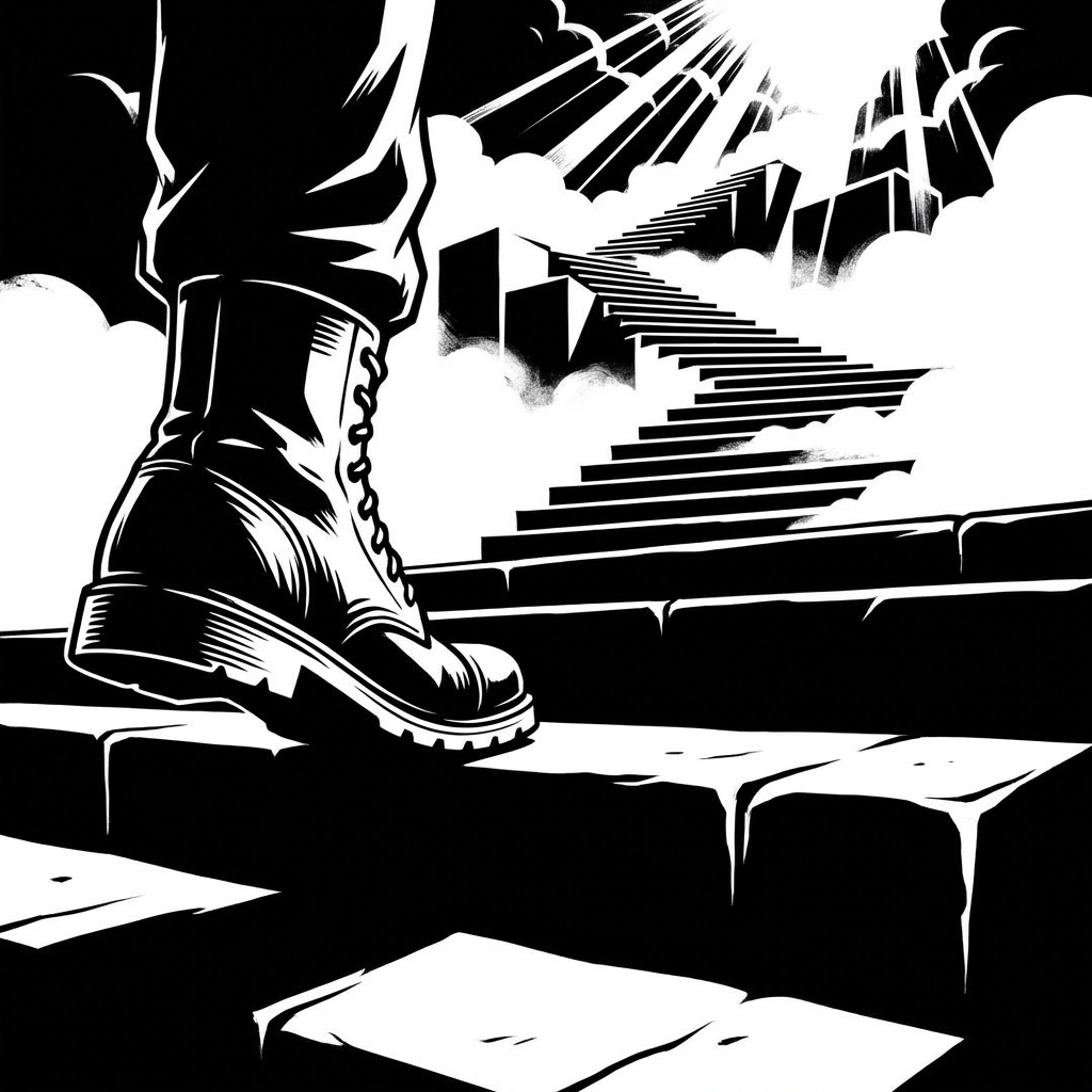 A foot stepping onto the first stair of a fading staircase, symbolizing taking the first step in faith and recovery.