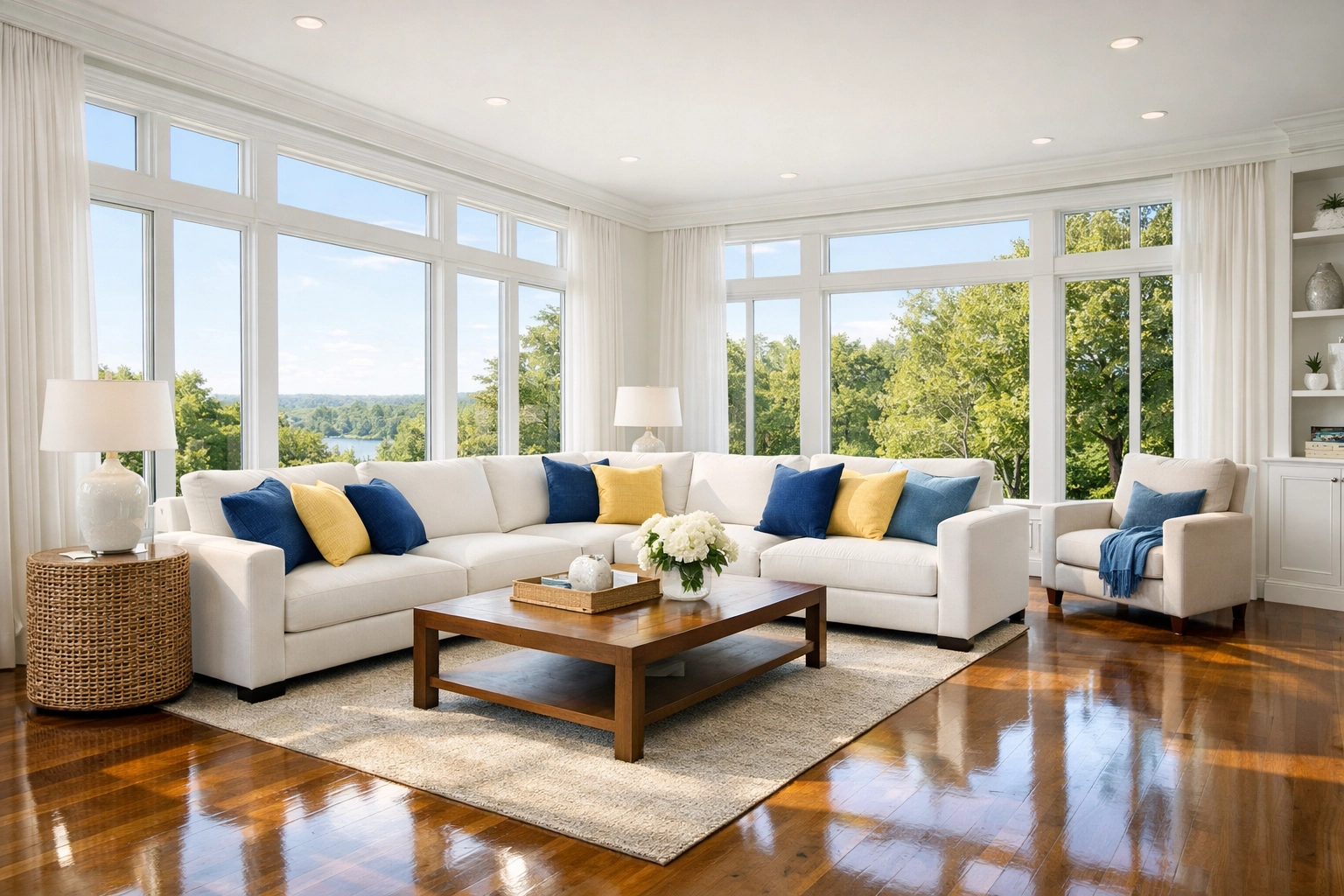 Sunlit living room in a Southborough home showing pristine hardwood floors after professional house cleaning.