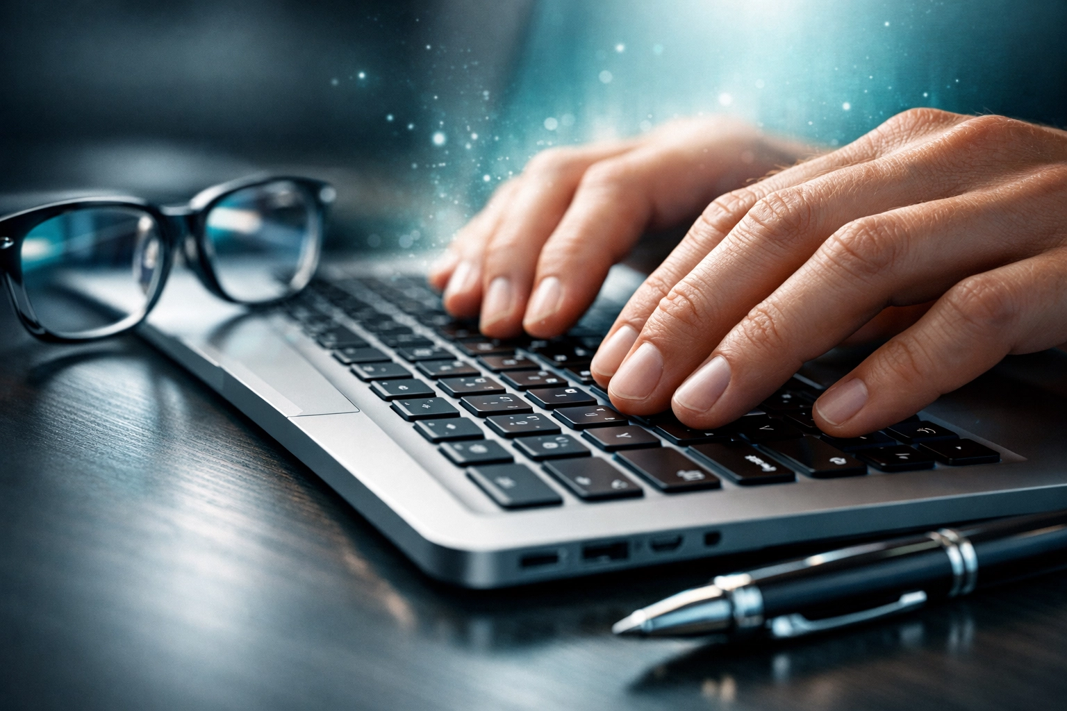 Close-up of hands typing payroll data on a laptop for accurate small business tax filings.