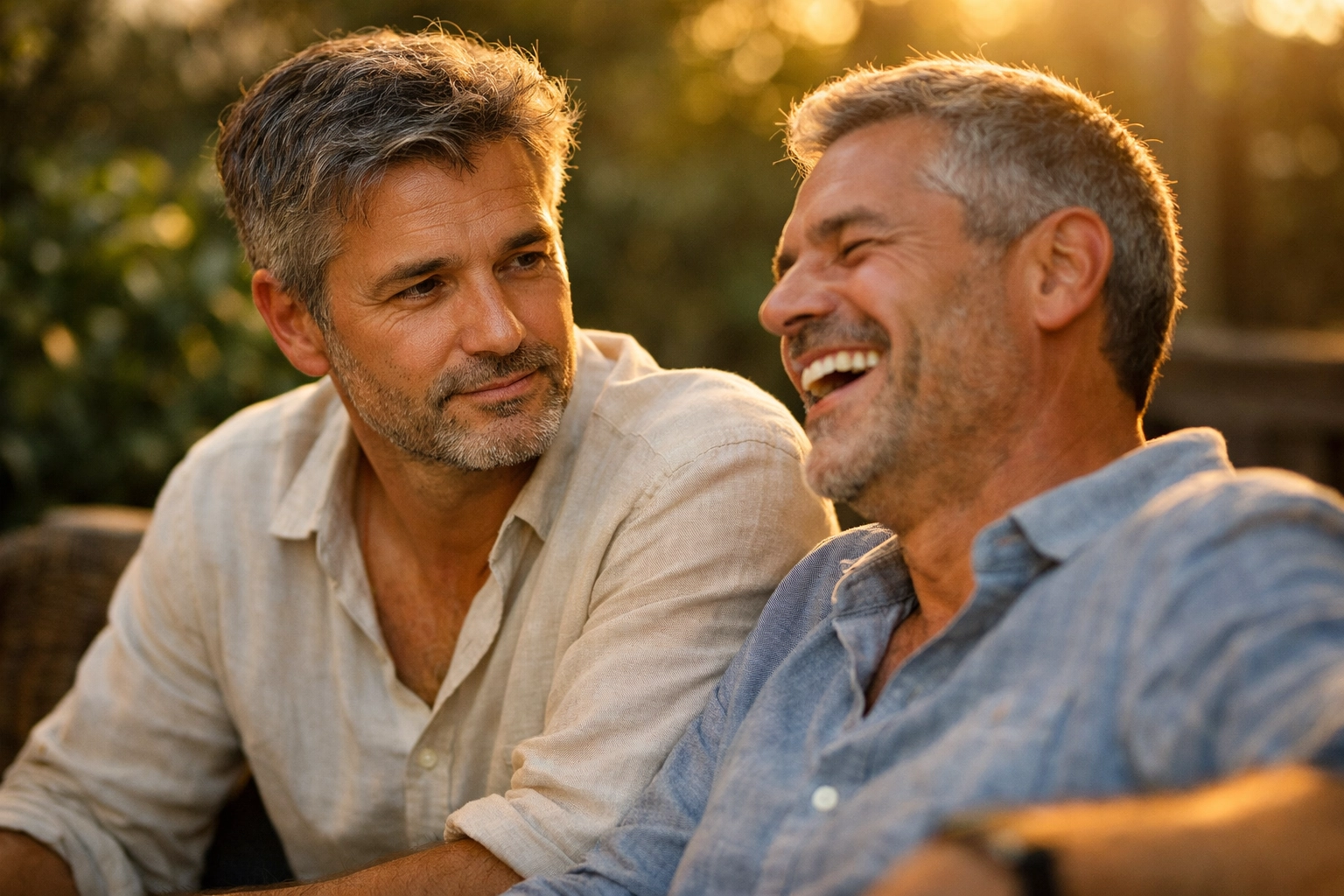 Mature men sharing an intimate look on a patio, capturing a reflective bisexual awakening in MM romance.