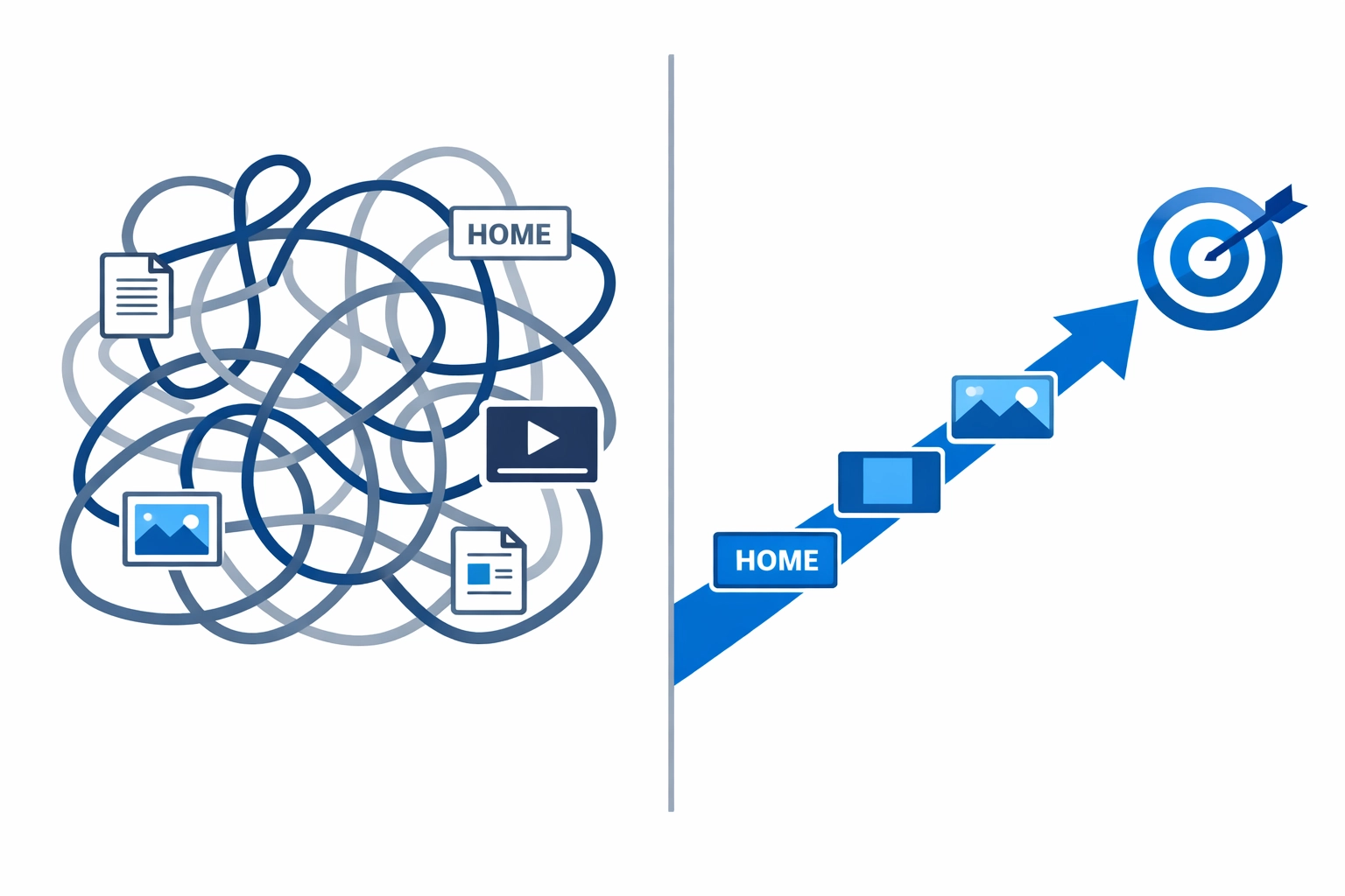 Complex website navigation compared to simple, clear user pathway for better conversions