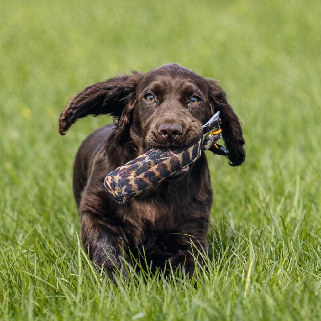 young-brown-spaniel-training-dummy-grass.webp