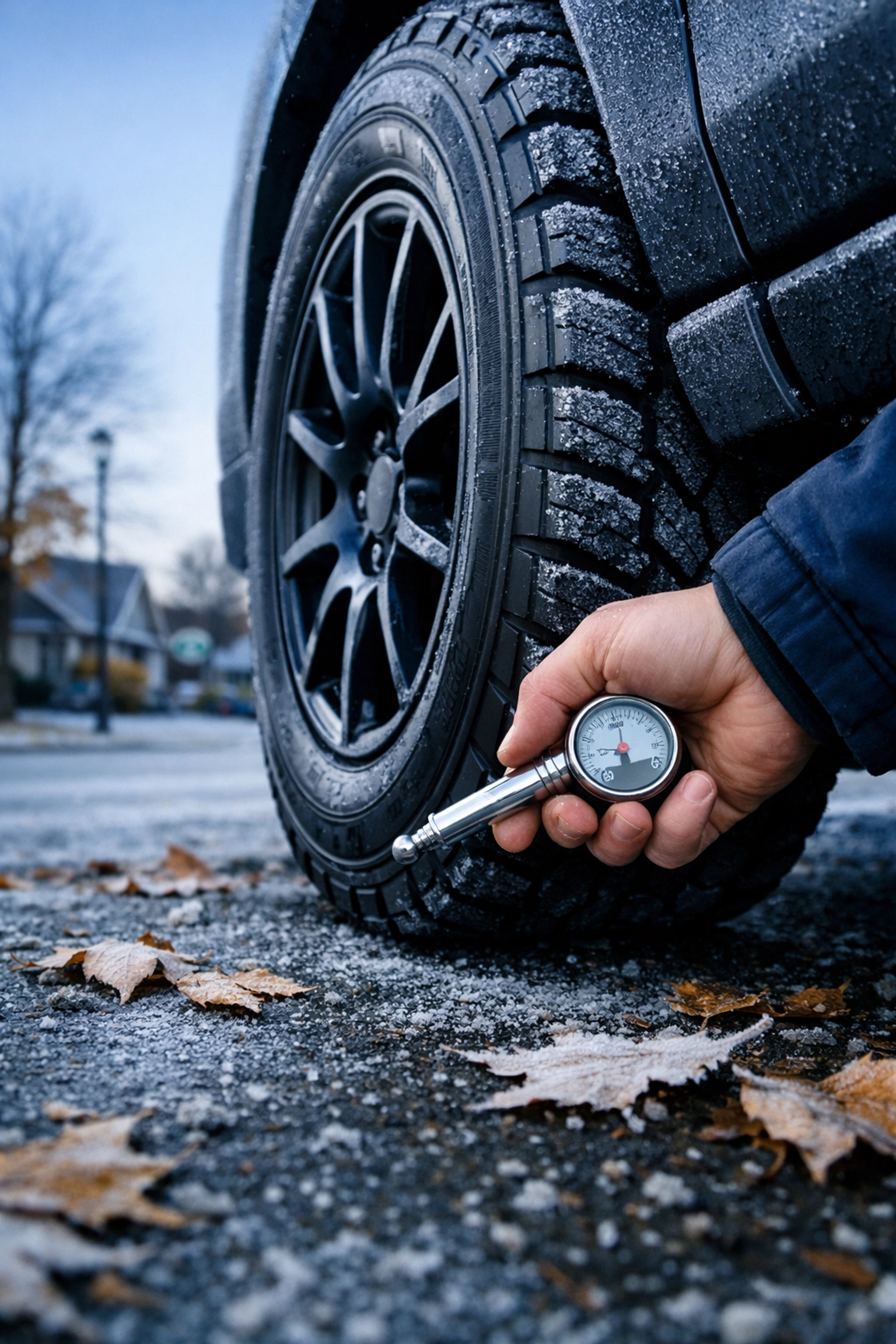 Using a tire pressure gauge on a vehicle parked on a cold Green Bay street for winter safety.