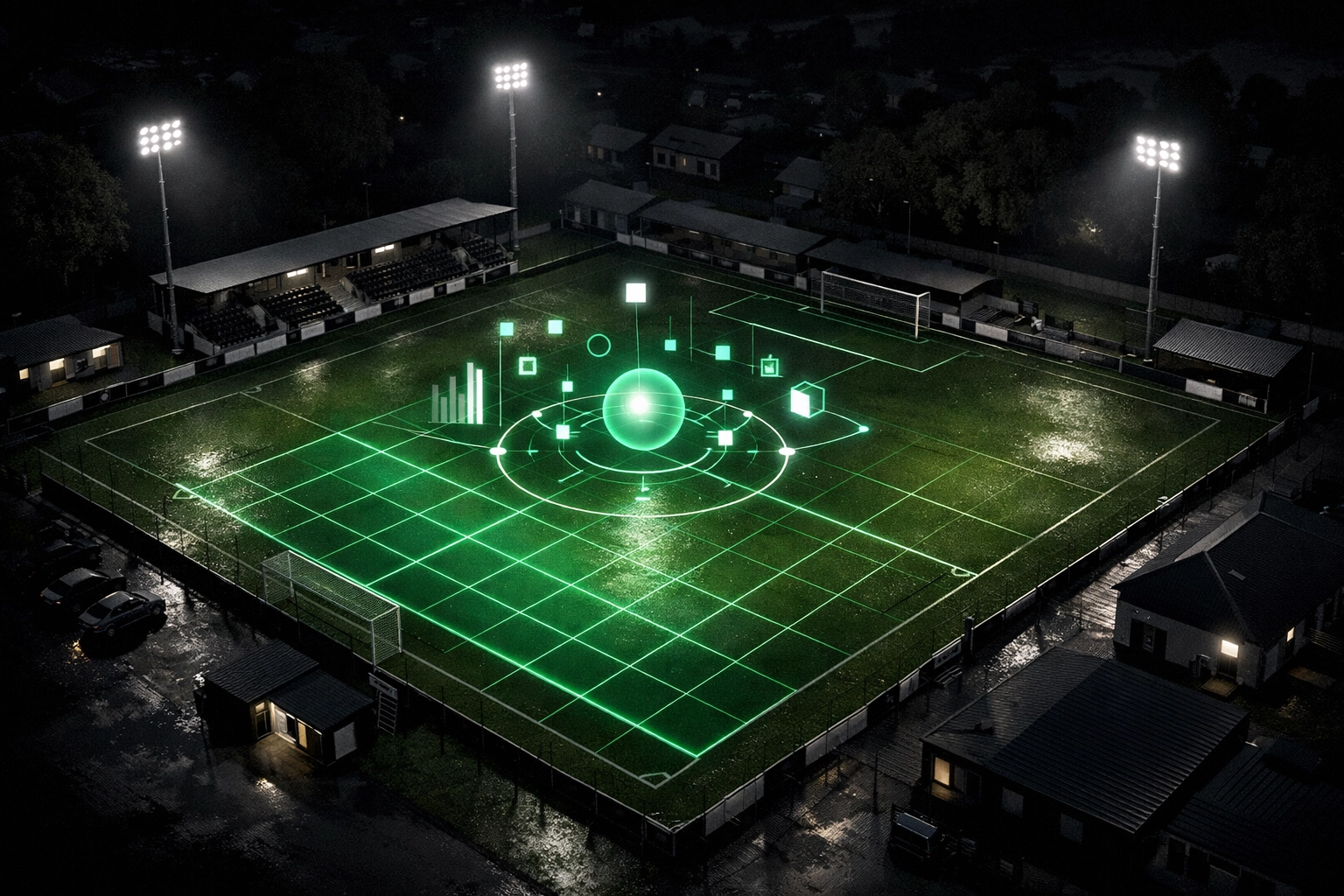 Data-driven grid overlaying a lower leagues football stadium for BTTS betting analysis.