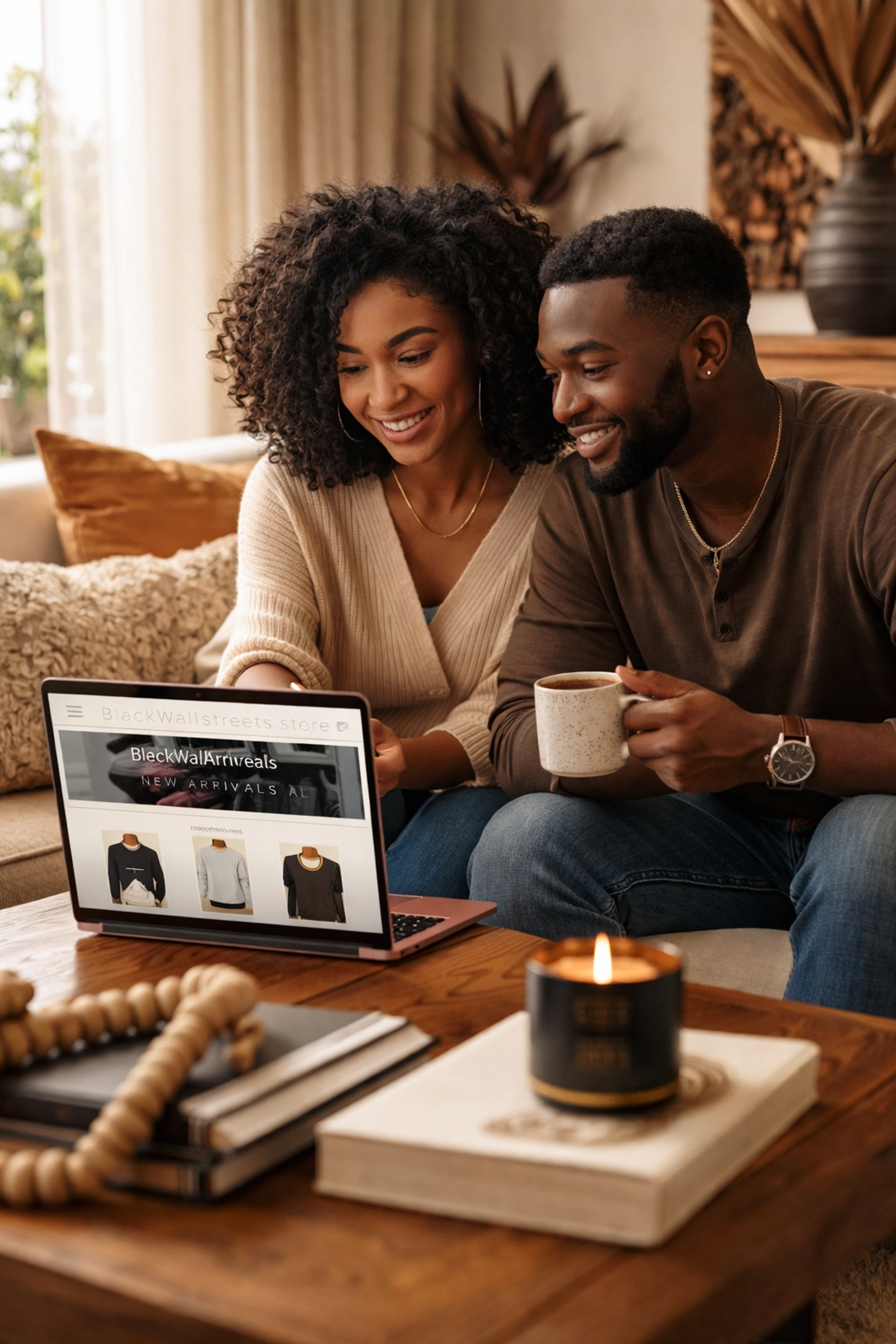 Black Wall Street Secrets Revealed: How Black Entrepreneurs Are Rebuilding Economic Power Today Young Black couple shops Black-owned brands on blackwallstreets.store at home, supporting local businesses.
