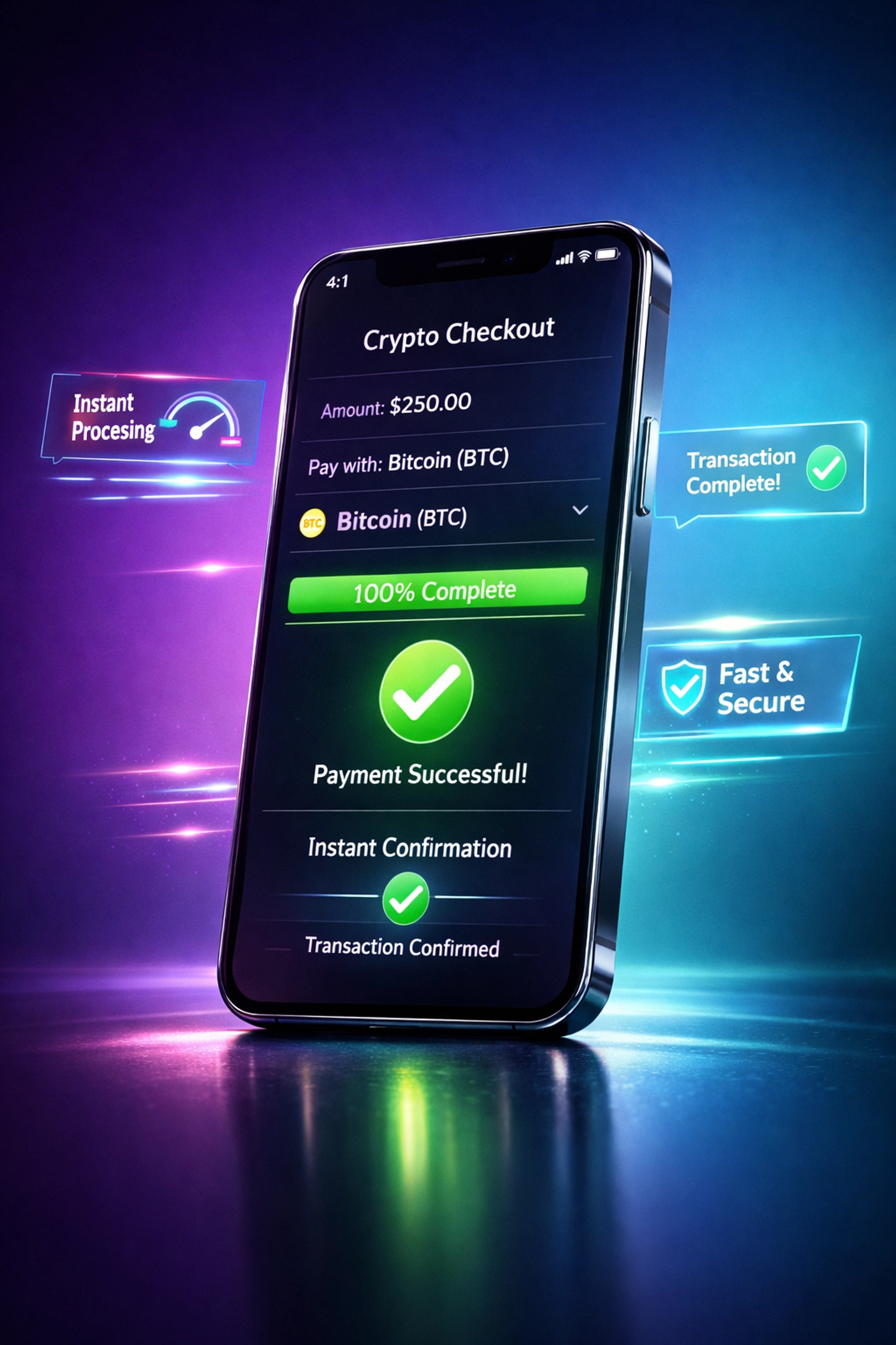 Mobile crypto checkout interface showing instant payment confirmation and settlement