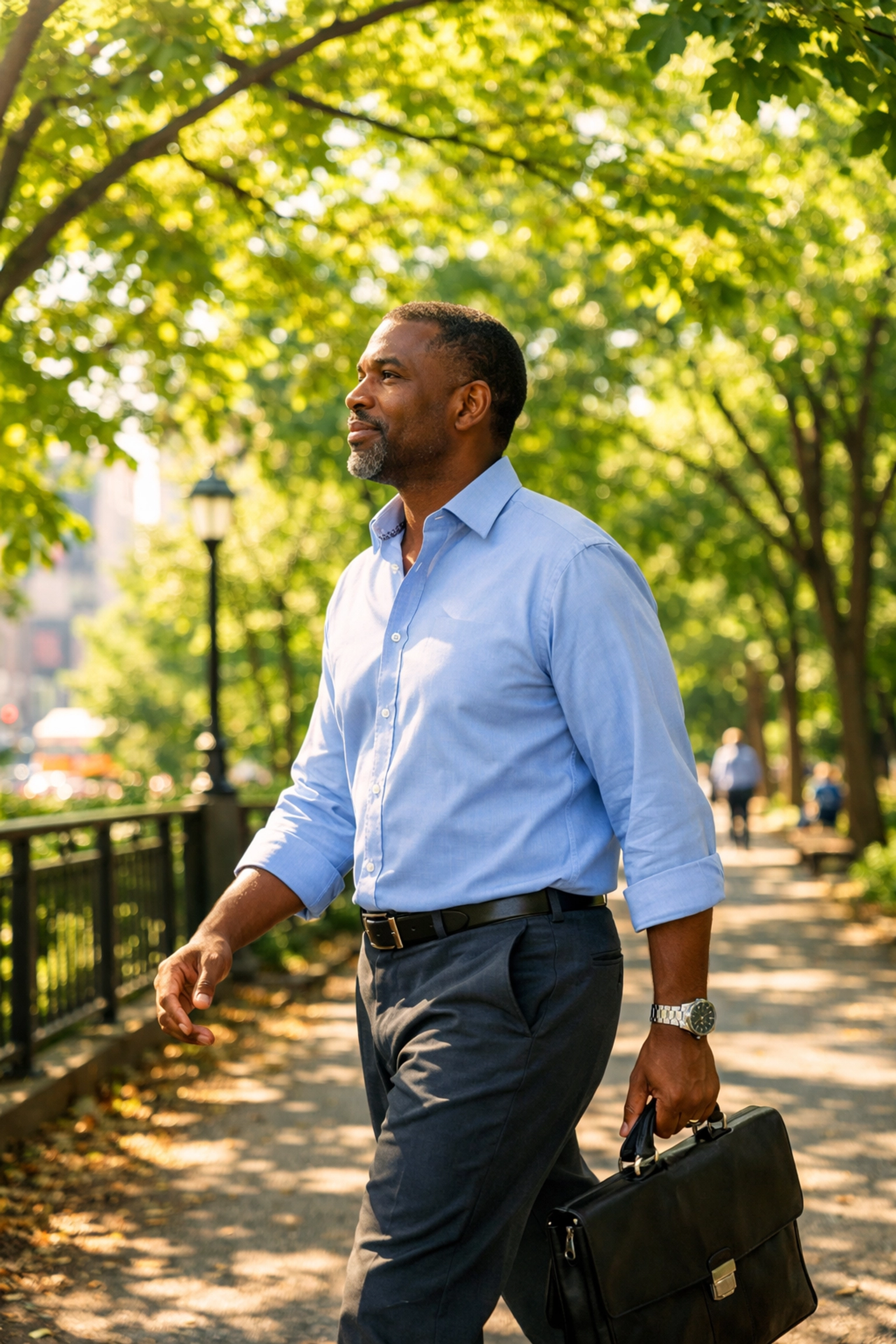 Professional taking outdoor walk during lunch break for afternoon energy boost