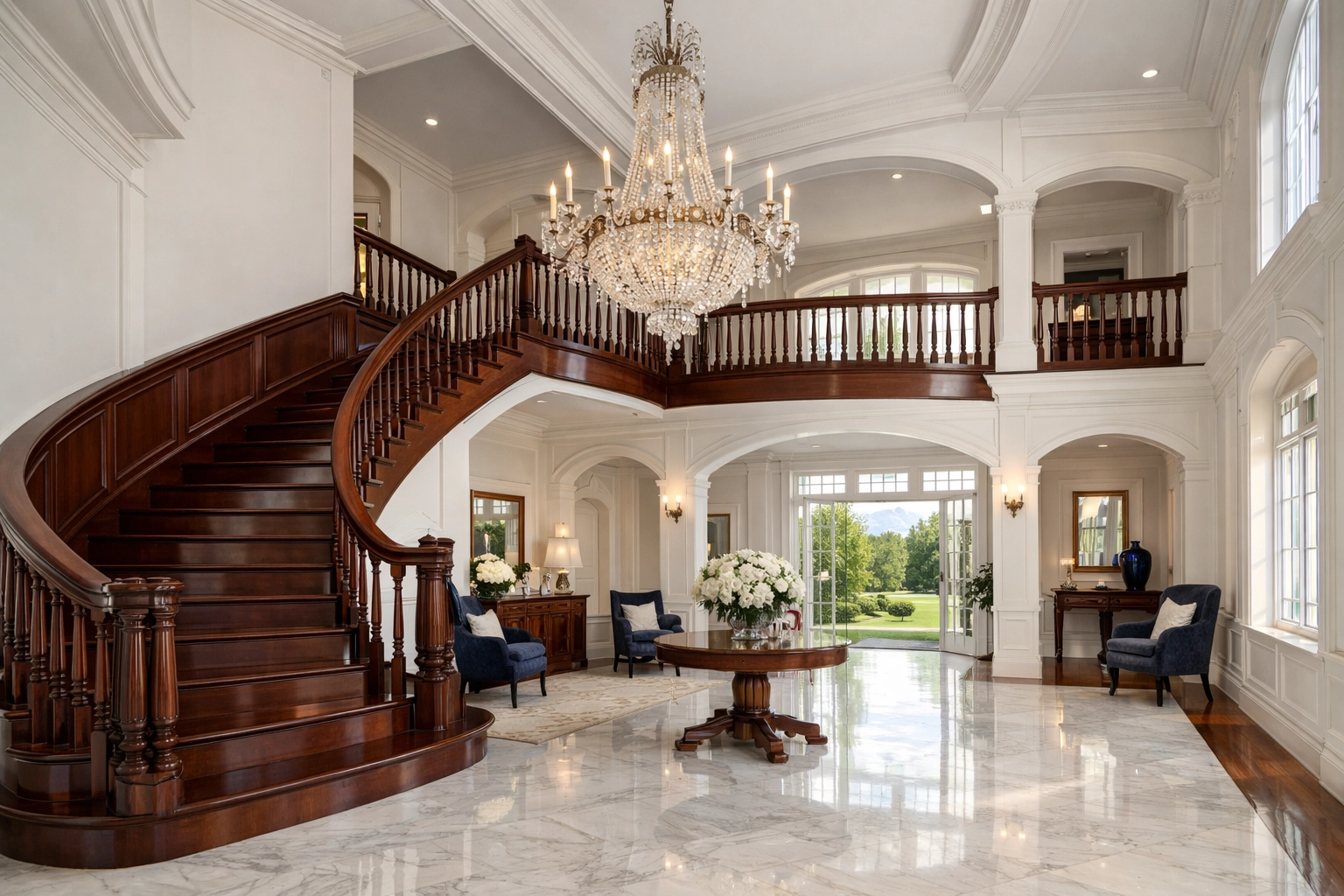 Pristine Hamilton estate foyer showing luxury cleaning results on marble floors and mahogany staircase.
