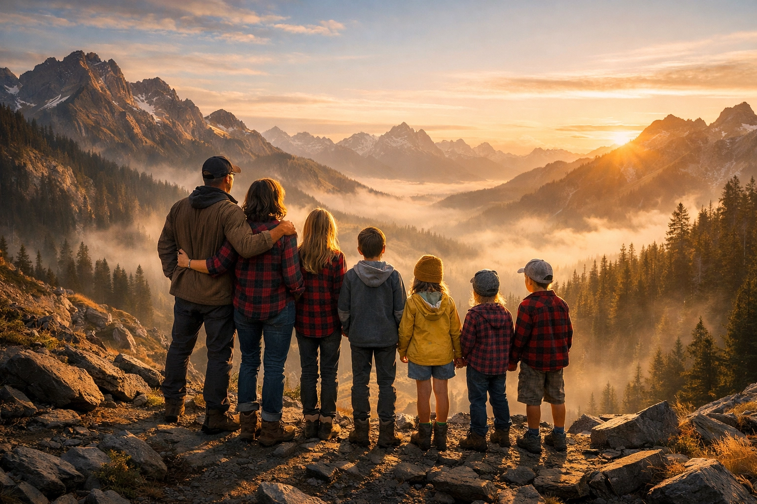 A family of seven overlooking a misty valley in the Pacific Northwest mountains.