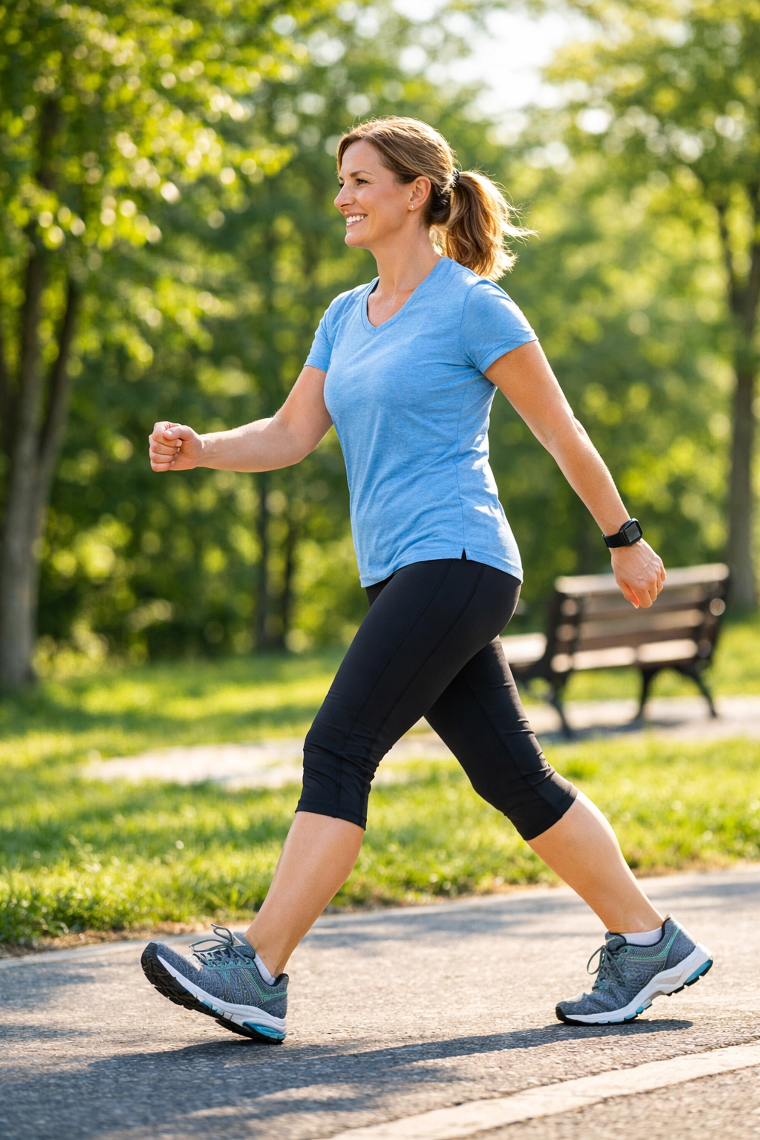 An active person walking in a Massachusetts park to support long-term medical weight loss success.