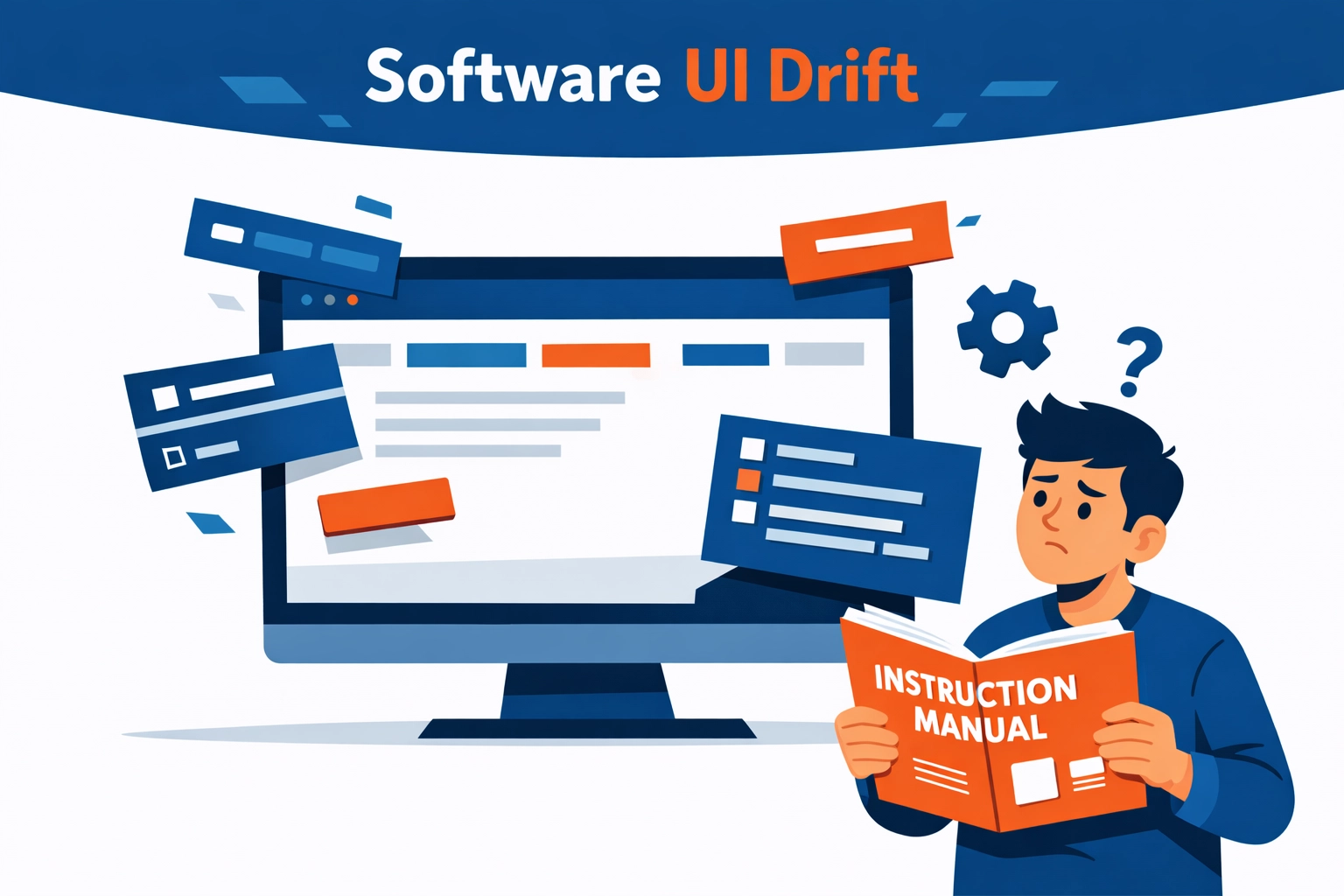 Illustration of UI drift where software updates outpace custom eLearning development content and customer education