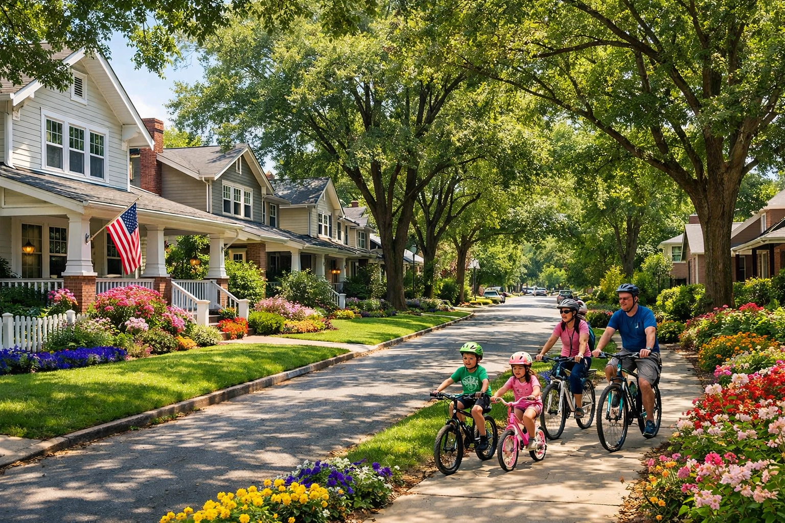 Family-friendly residential street in Greensboro NC with homes and mature trees Family-friendly residential street in Greensboro NC with homes and mature trees