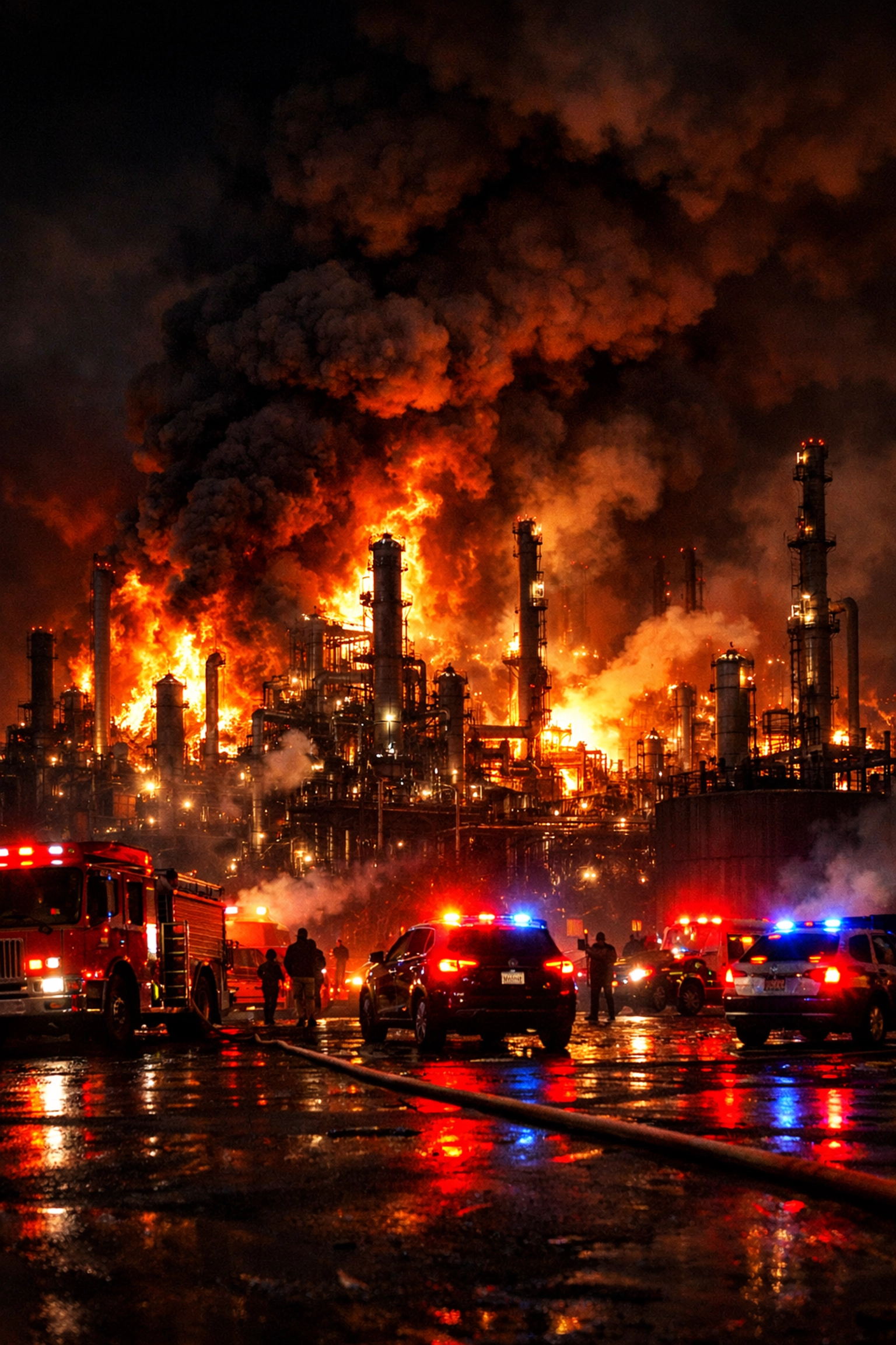 Industrial refinery fire with flames and smoke during nighttime emergency