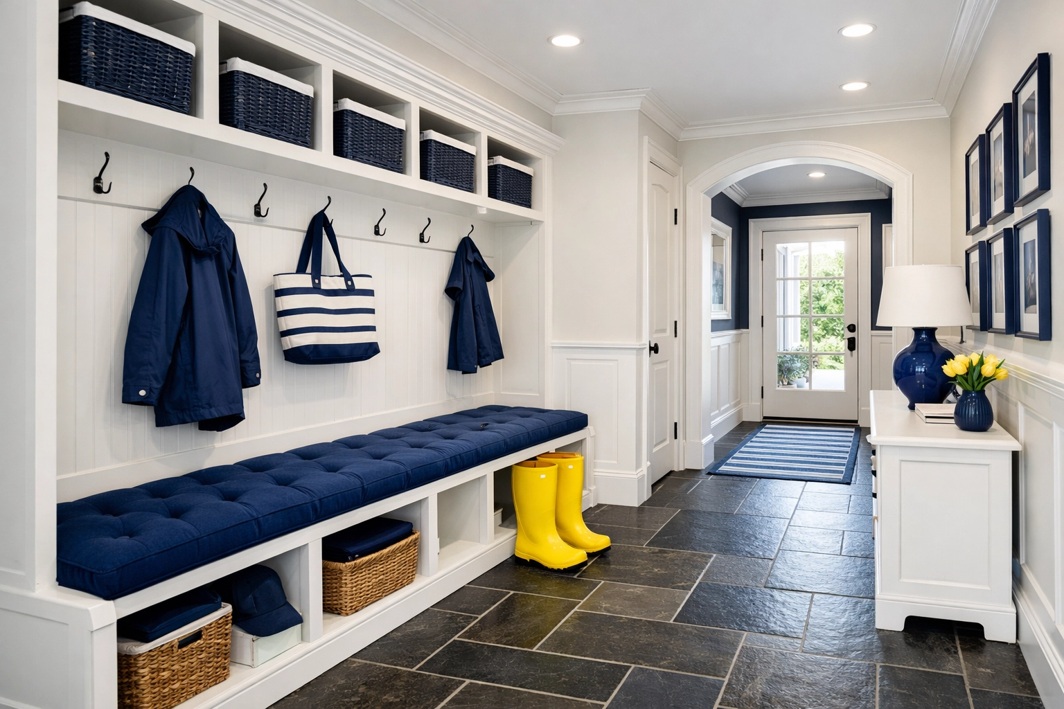 Organized mudroom with clean tile floors showcasing efficient weekly house cleaning in Winchester.