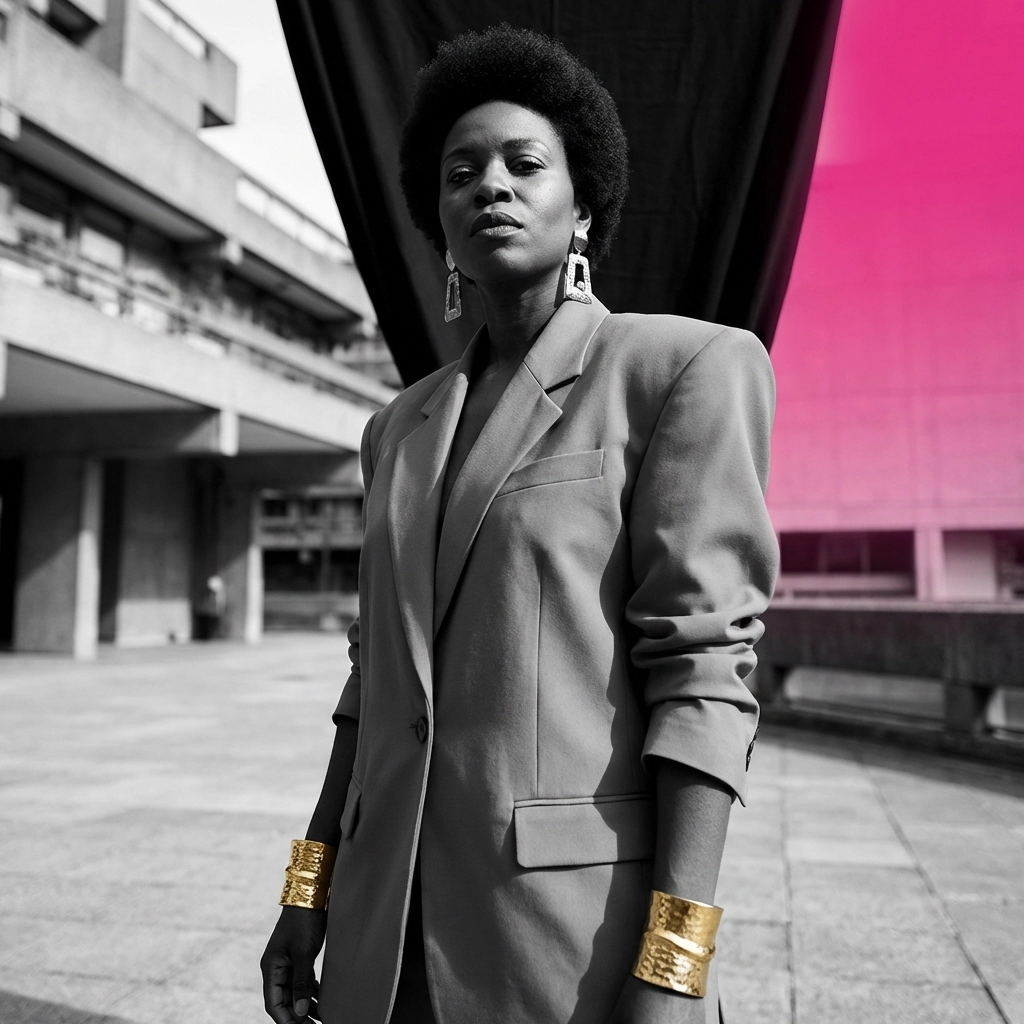 Black woman in bold 80s-inspired blazer and gold accessories, embodying Glamoratti power glam street fashion trend