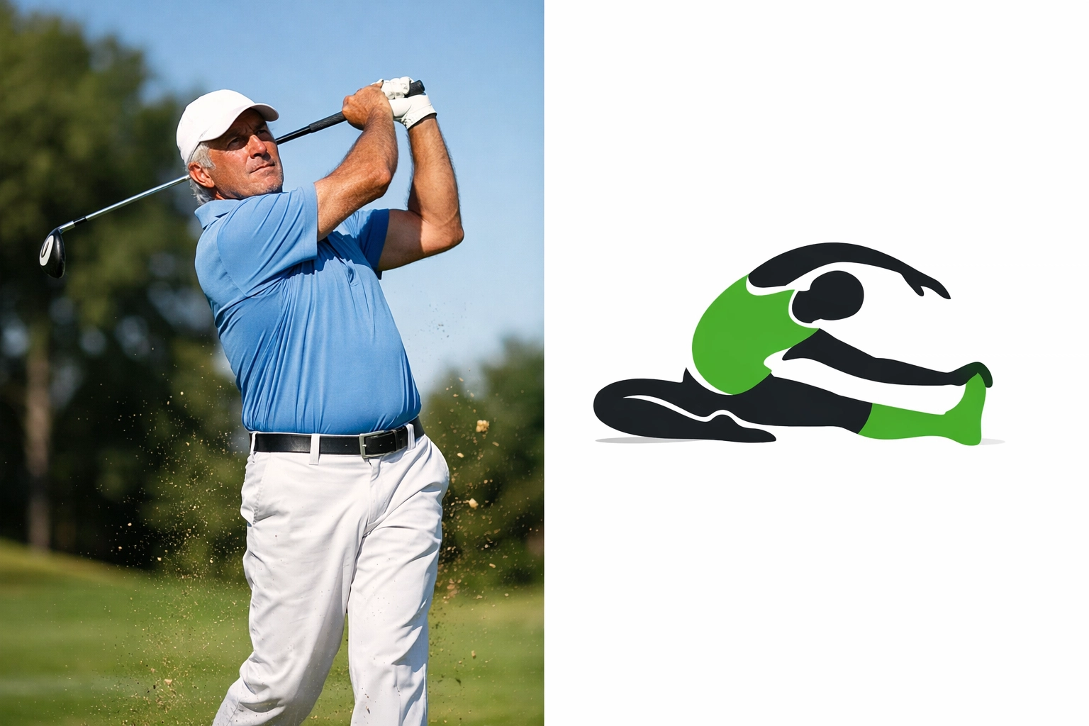 Senior athlete's golf swing and flexibility icon highlighting the benefits of professional stretch and recovery.