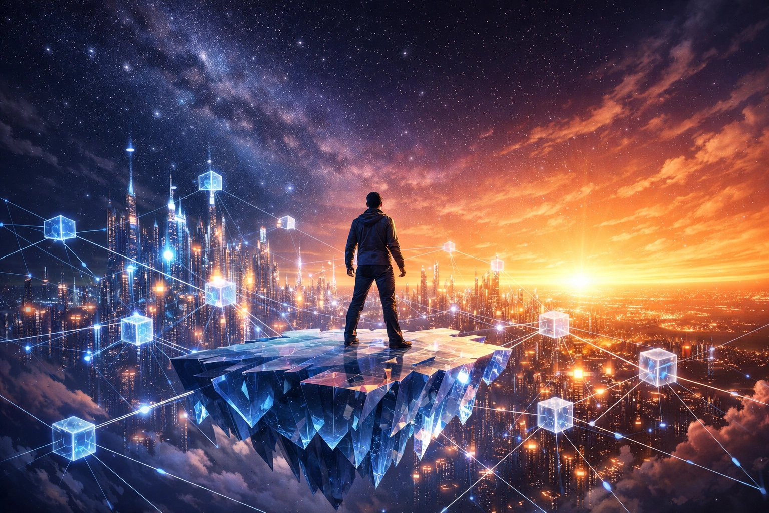 Future of decentralized finance and merchant independence overlooking a global blockchain payment network.