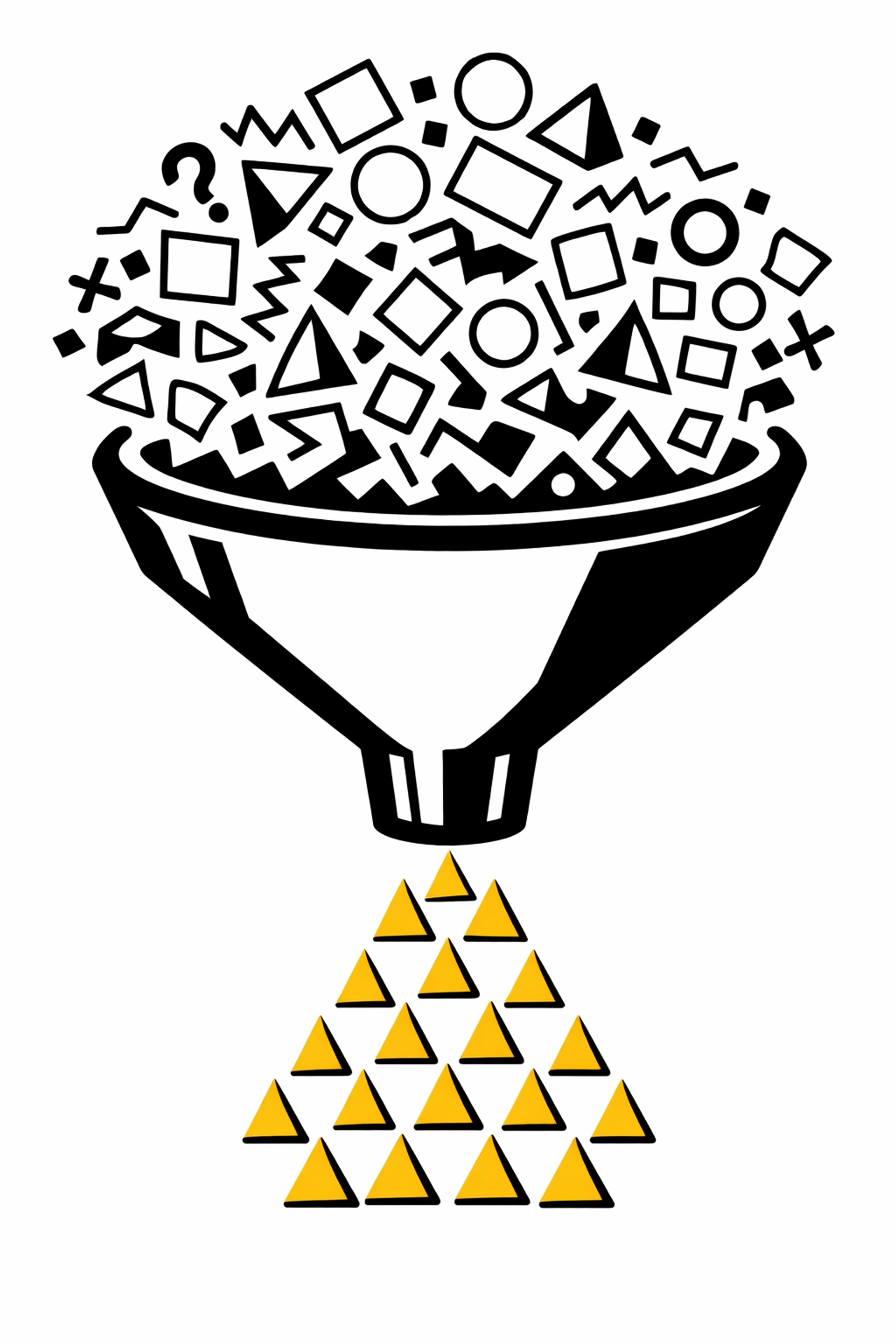 A funnel filtering messy data into clean shapes, illustrating HRIS data cleansing and ghost data removal.