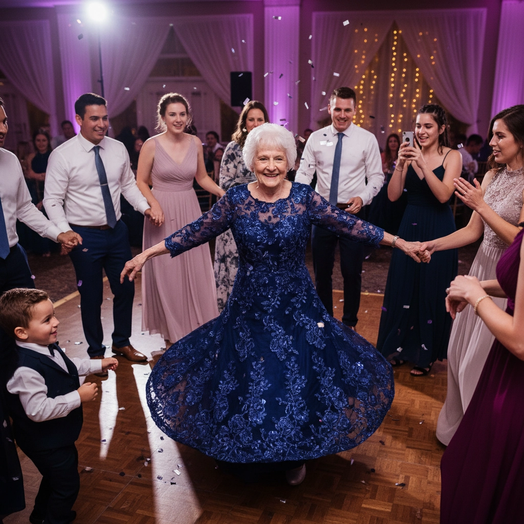 Elderly woman in blue dress dances joyfully with a group in formal attire, surrounded by confetti, in a warmly-lit celebration venue.