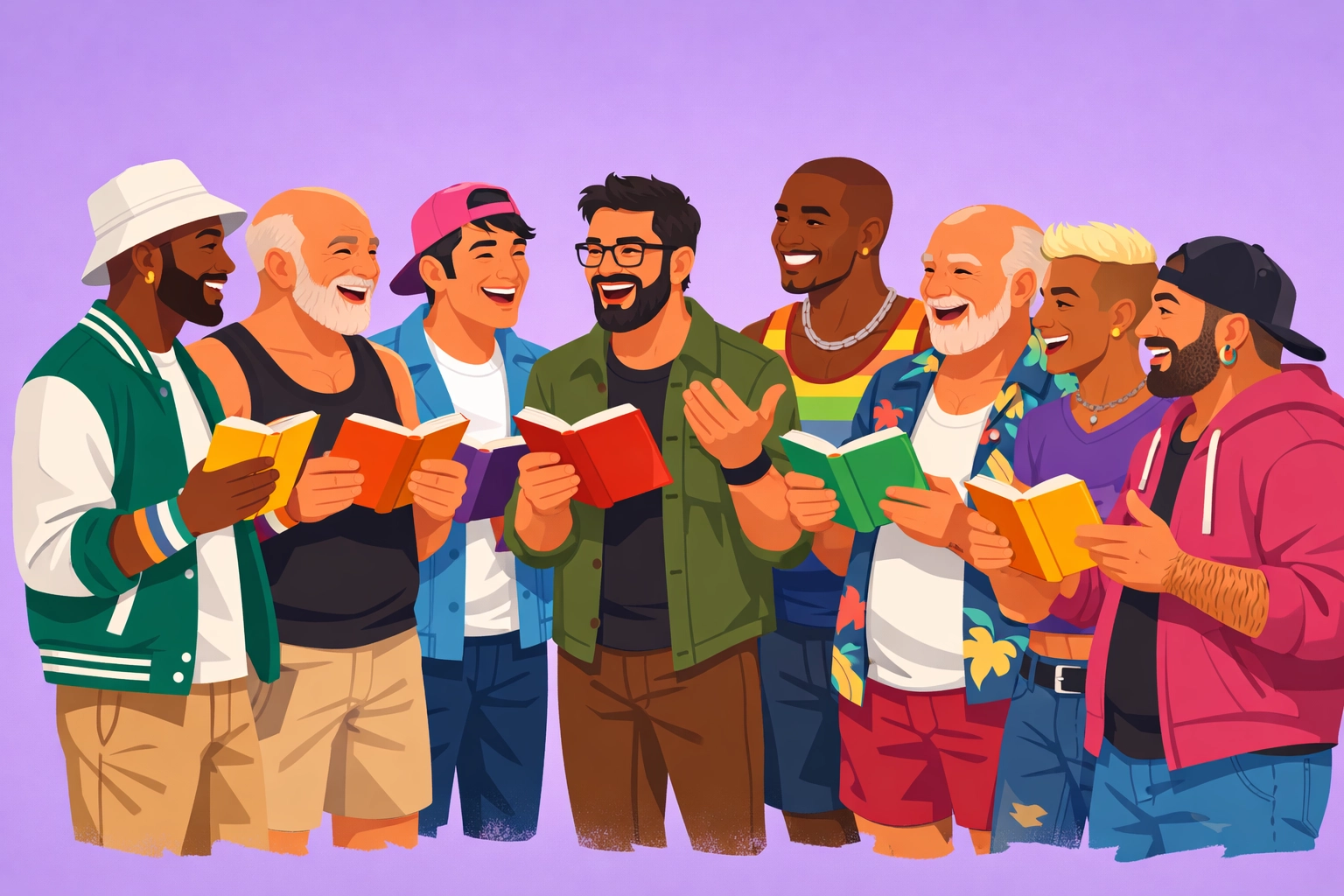 Diverse group of queer men at a gay book club, representing the Read with Pride community.