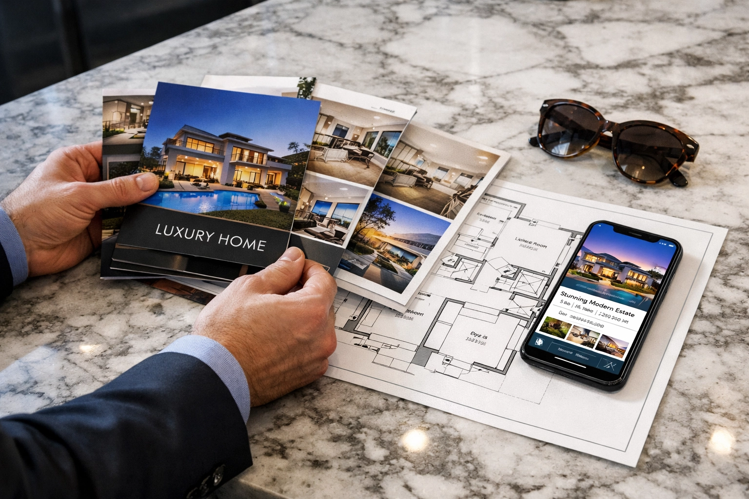 Expert realtors in Cape Coral presenting high-quality marketing materials and home floor plans.