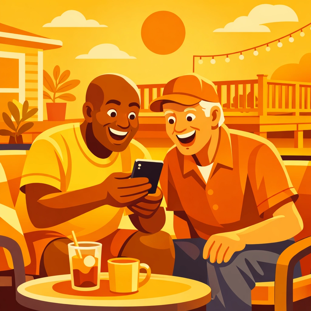 Homeowners sharing a professional before and after photo app project with a neighbor on a patio.