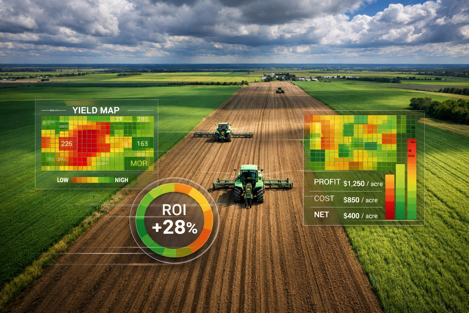 Aerial view of precision agriculture operation with GPS-guided equipment and field-level data