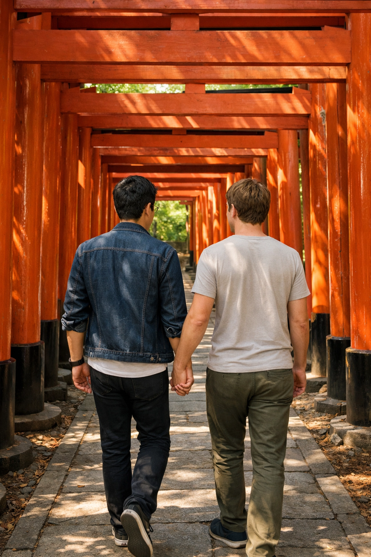 Gay couple holds hands walking through red torii gates at peaceful Tokyo shrine