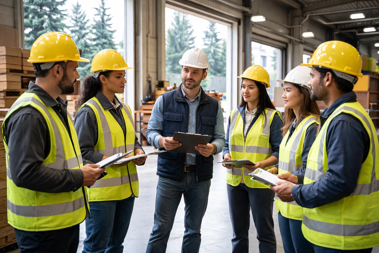 Warehouse workers in safety vests meet in a Washington facility, highlighting workers' compensation compliance.