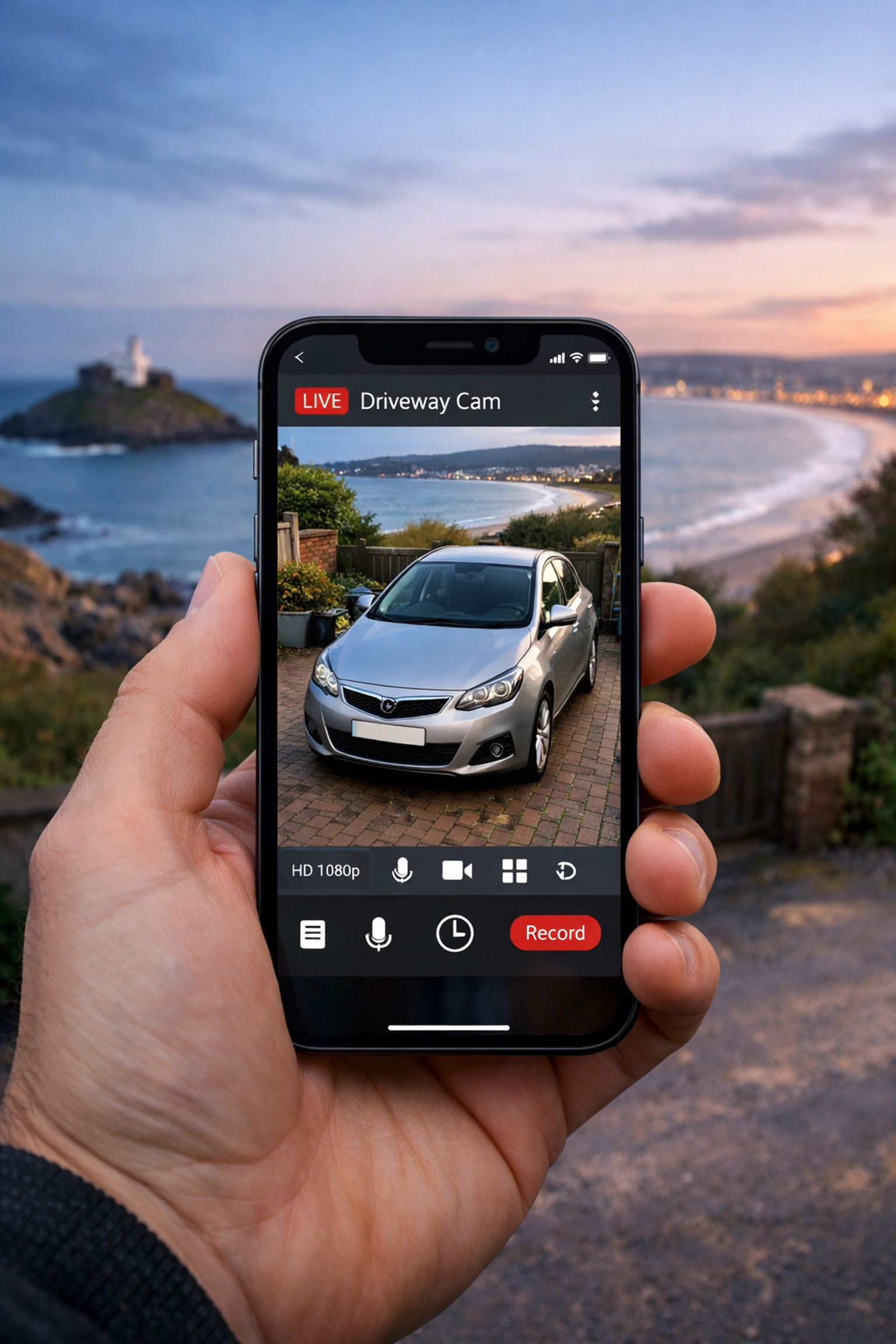 Monitoring a Swansea home security system via a smartphone app with a live CCTV camera feed.