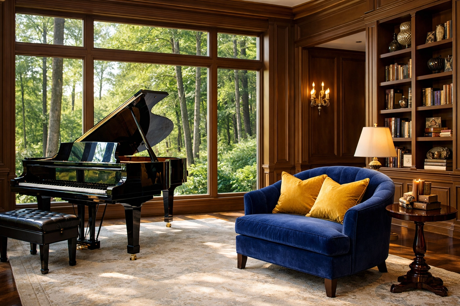 Expert high-end estate maintenance Westborough ensures a dust-free luxury music room overlooking local woodlands.