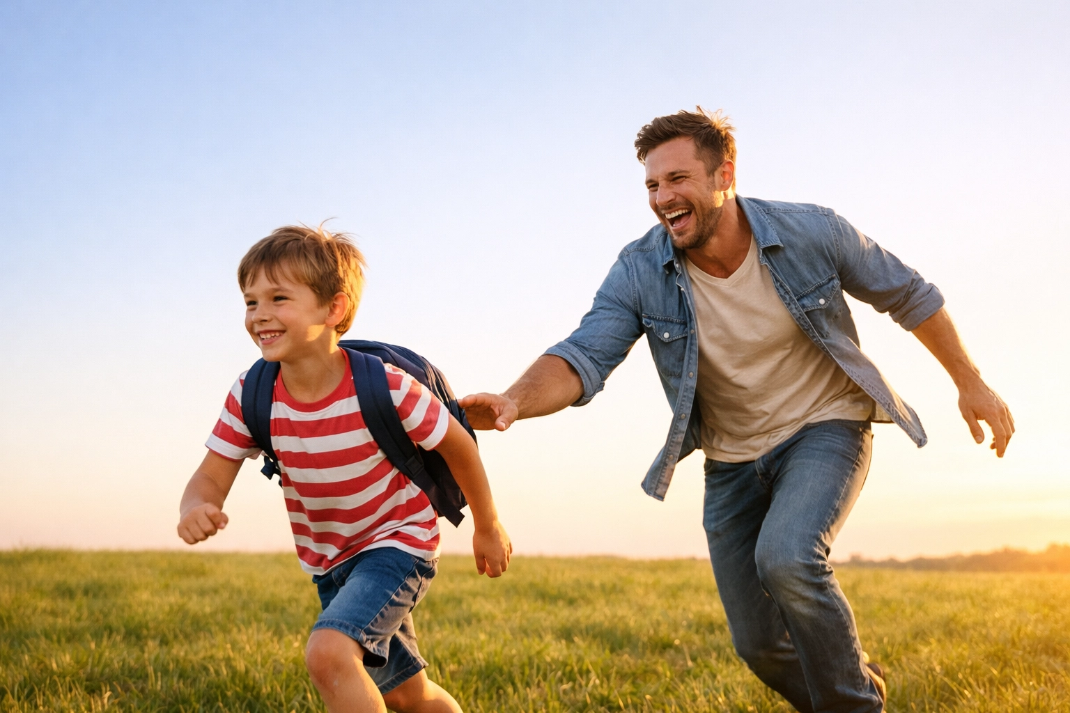 Active father and son playing outdoors, demonstrating the vital role of fathers rights UK in child development.