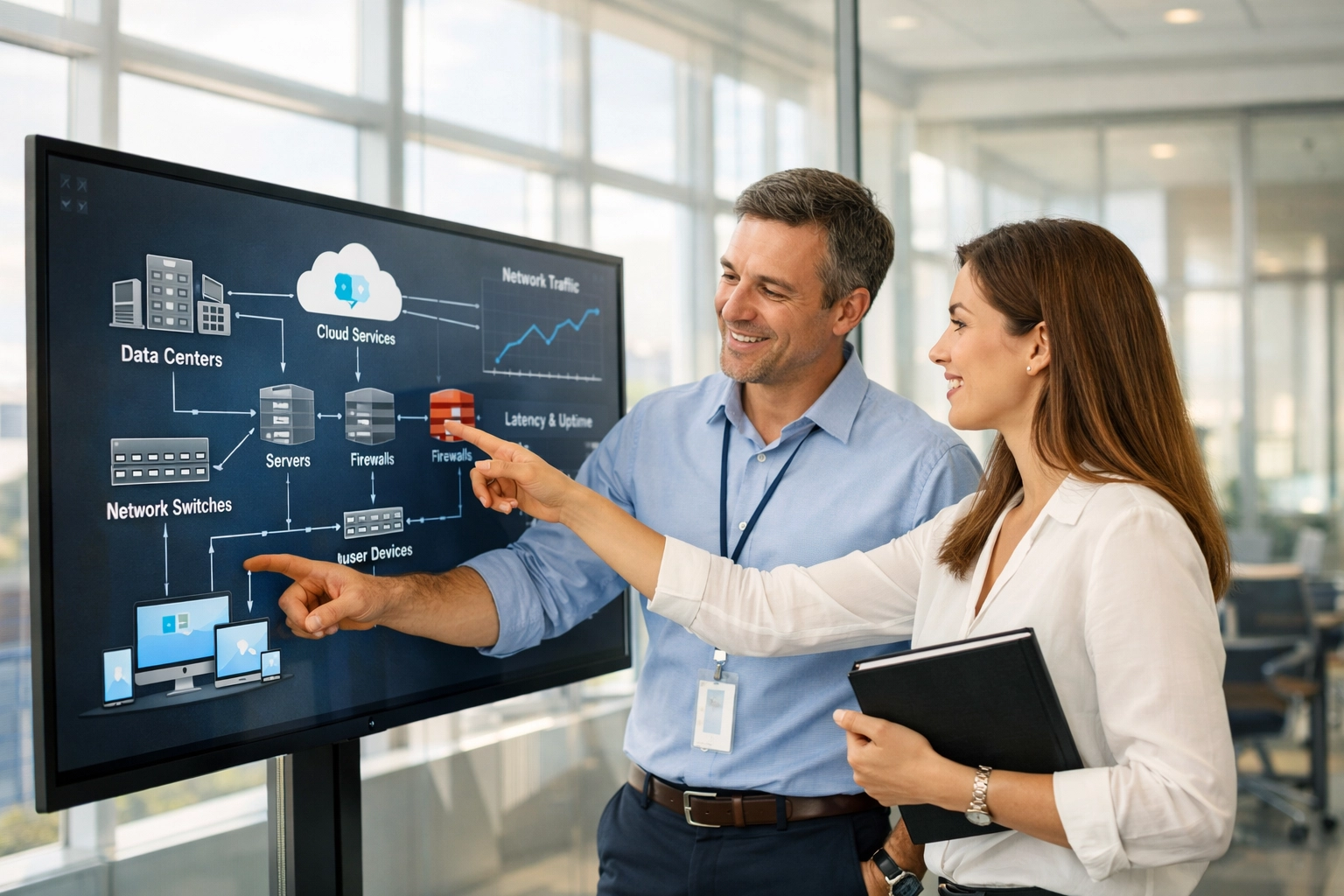 IT manager and financial analyst collaborating on ServiceNow ITOM and ITAM data integration in a modern office.