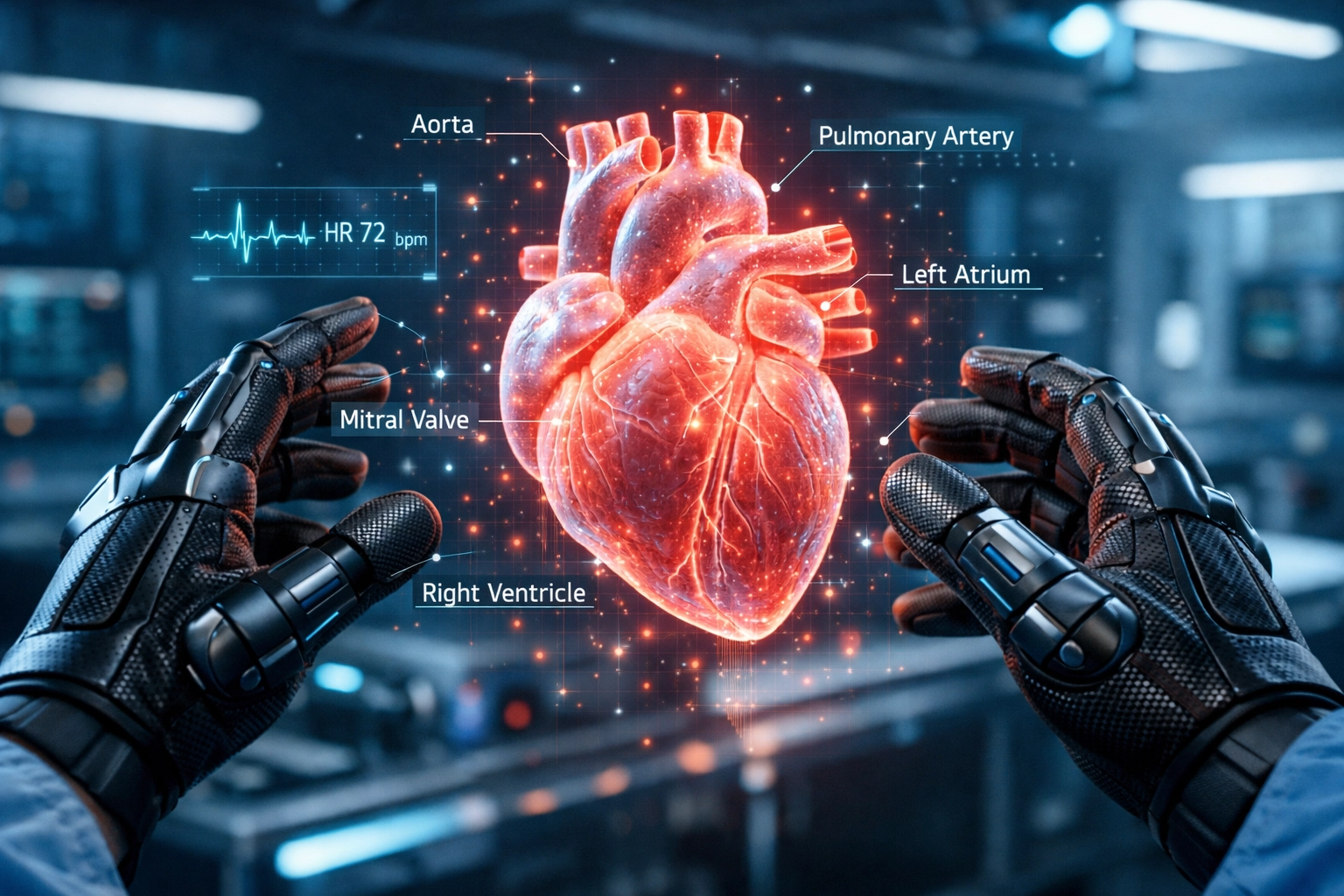 Surgical trainee wearing haptic gloves to interact with a holographic human heart in a VR medical simulation lab.