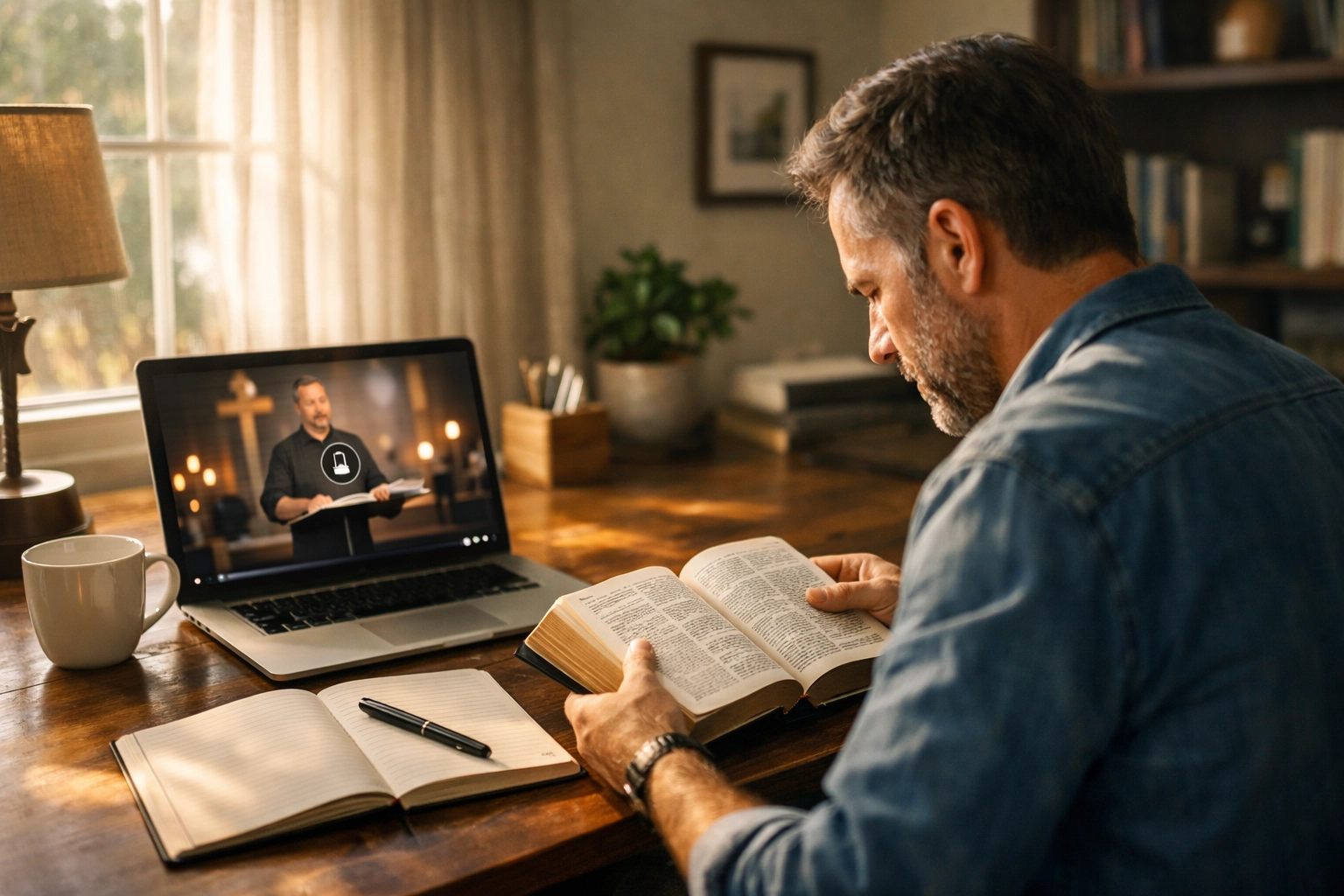 A man studying the Bible and reflecting on a paused online sermon in his home office.