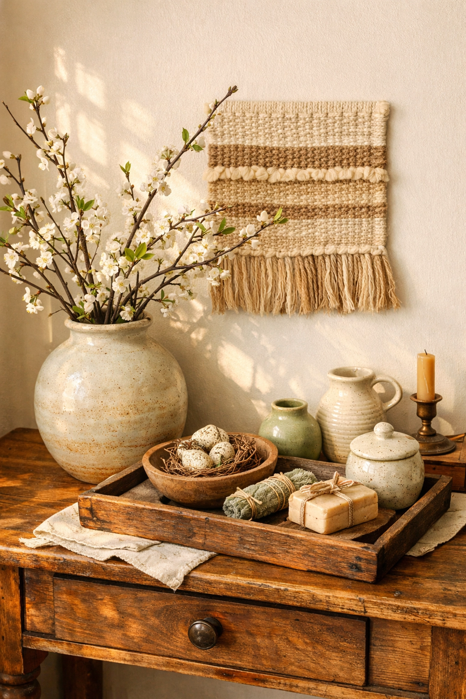 Spring home decor vignette featuring handcrafted ceramic vase and artisan pottery on console table