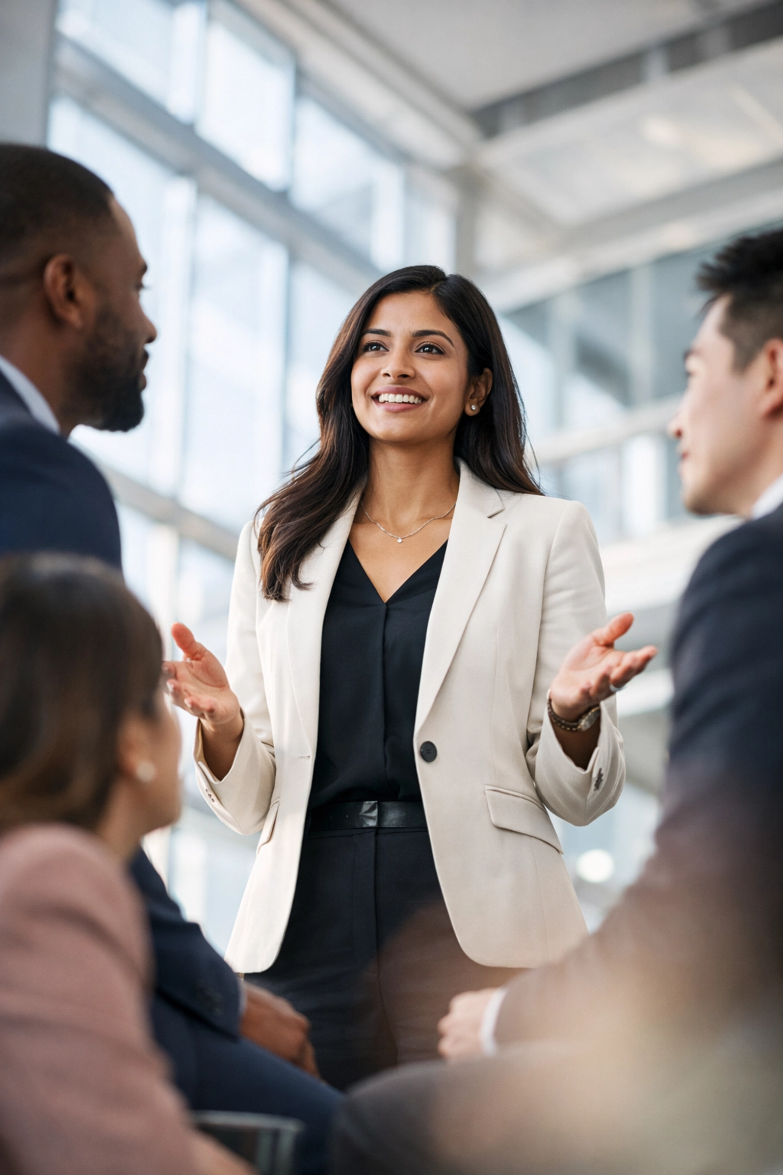 Diverse business leader addressing team with confidence and authority