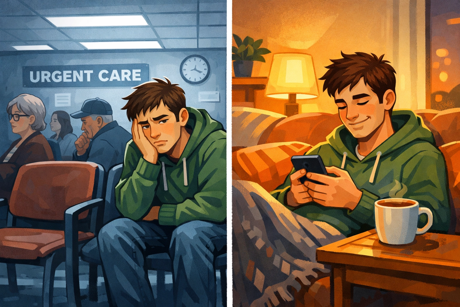 Comparison of crowded urgent care waiting room versus convenient online telehealth from home