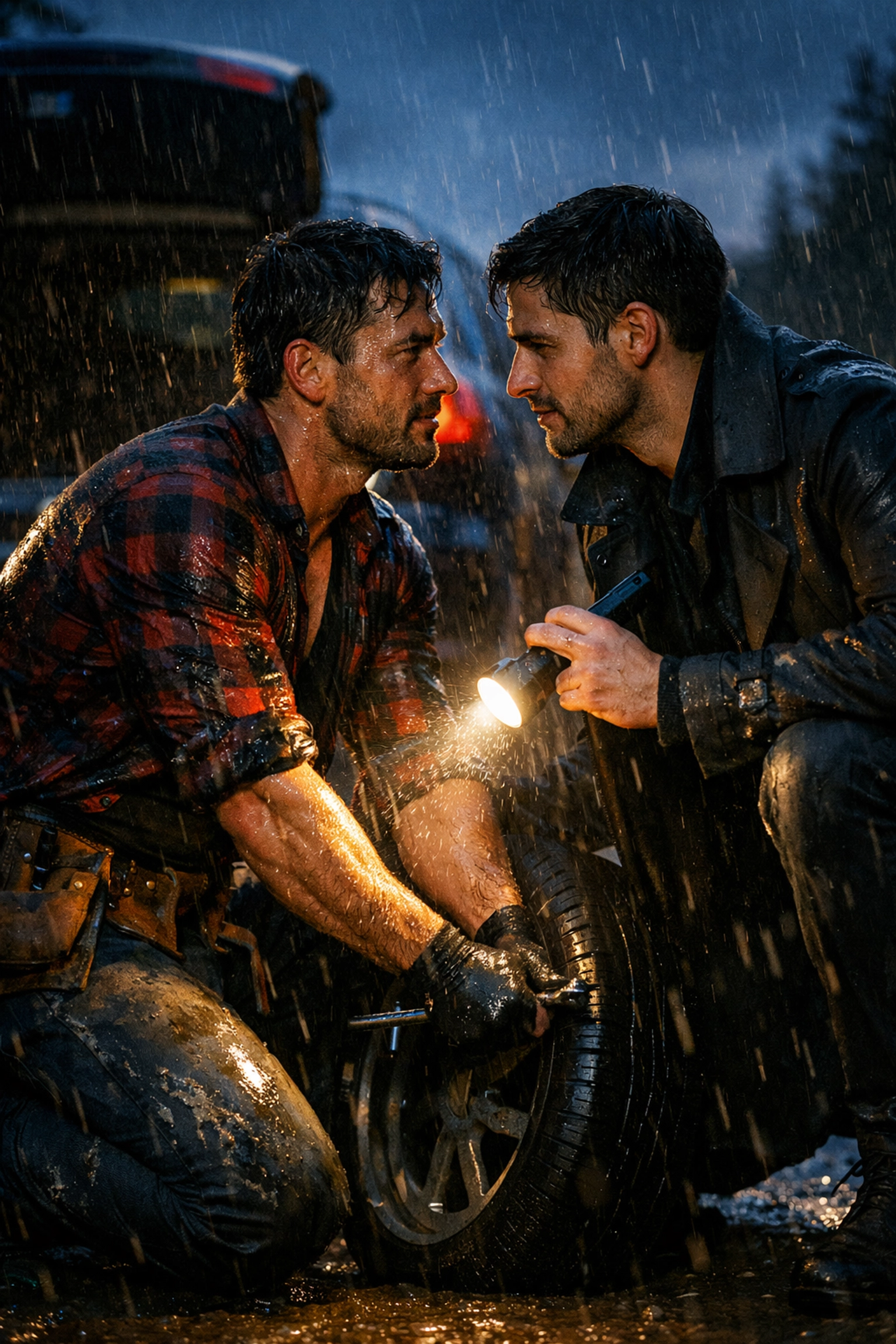 A rugged handyman helps a stranded traveler in the rain, illustrating the chemistry found in gay romance novels.