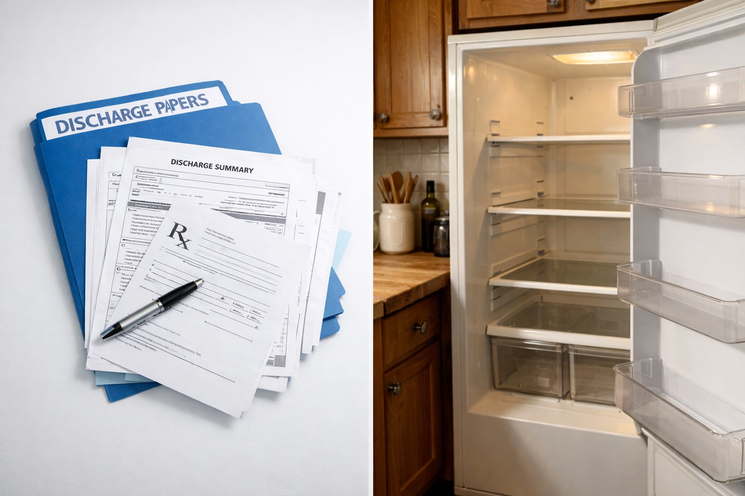 Hospital discharge paperwork contrasted with empty home refrigerator showing nutrition gap