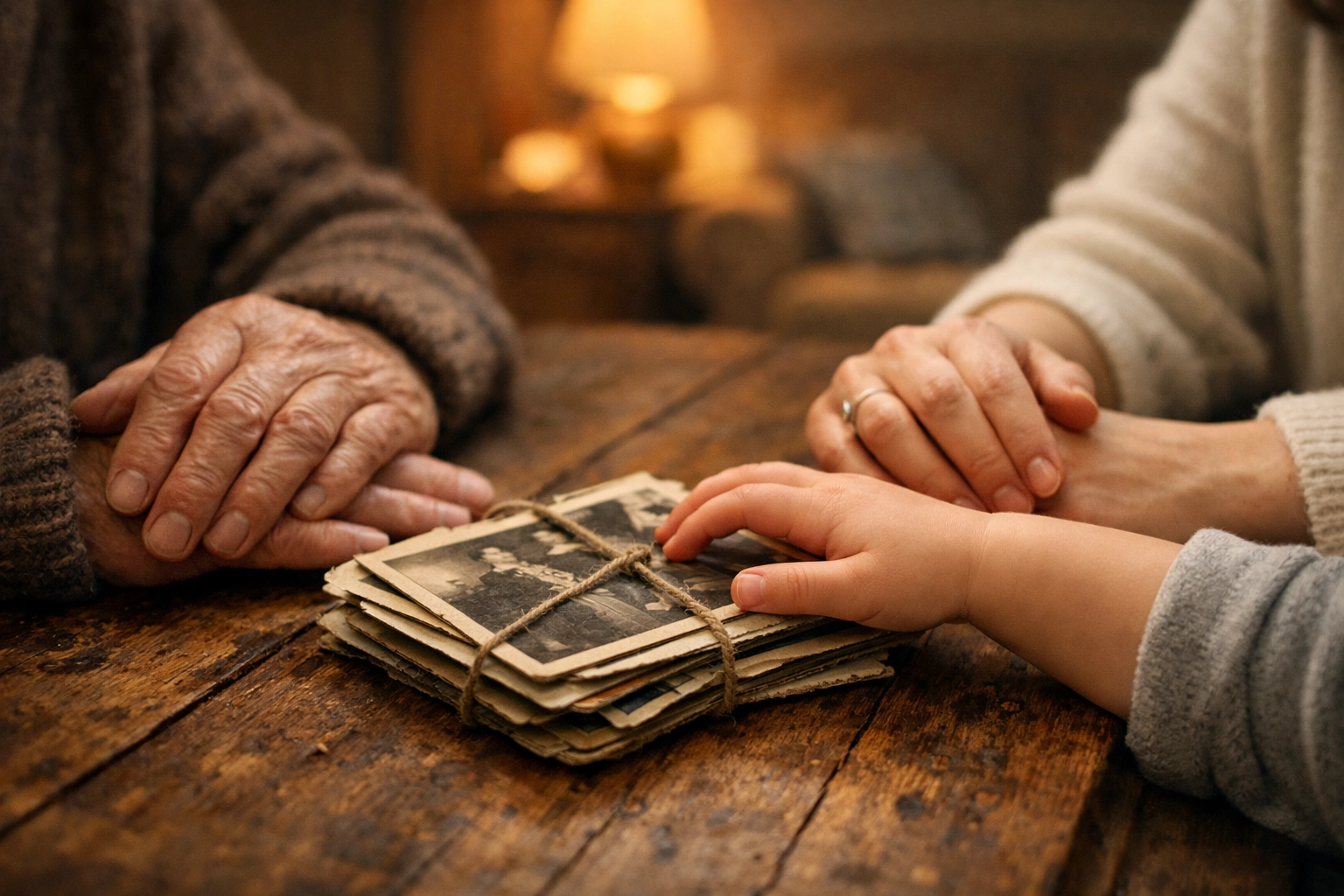 Three generations of family hands over photos, illustrating legacy protection and estate planning in Indiana.