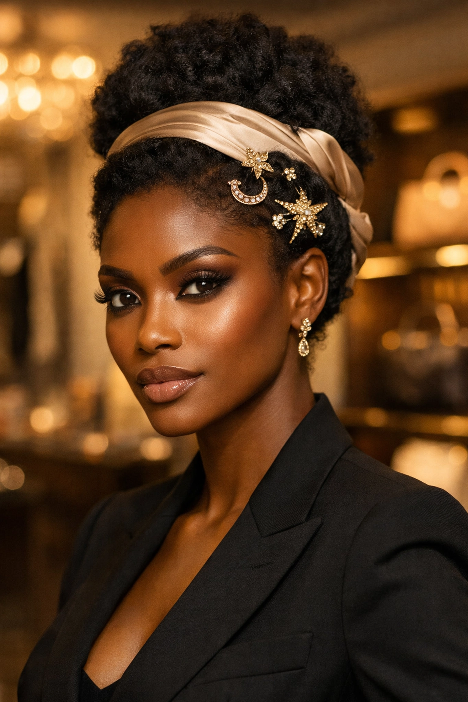 Confident Black woman showcasing elegant gold hair accessories and professional fashion in a luxury boutique.