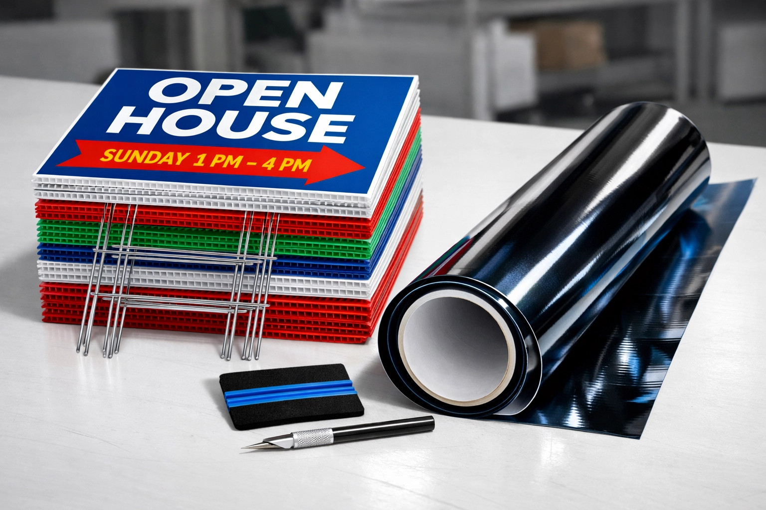 High-quality printing materials including custom yard signs and vinyl vehicle wrap rolls.