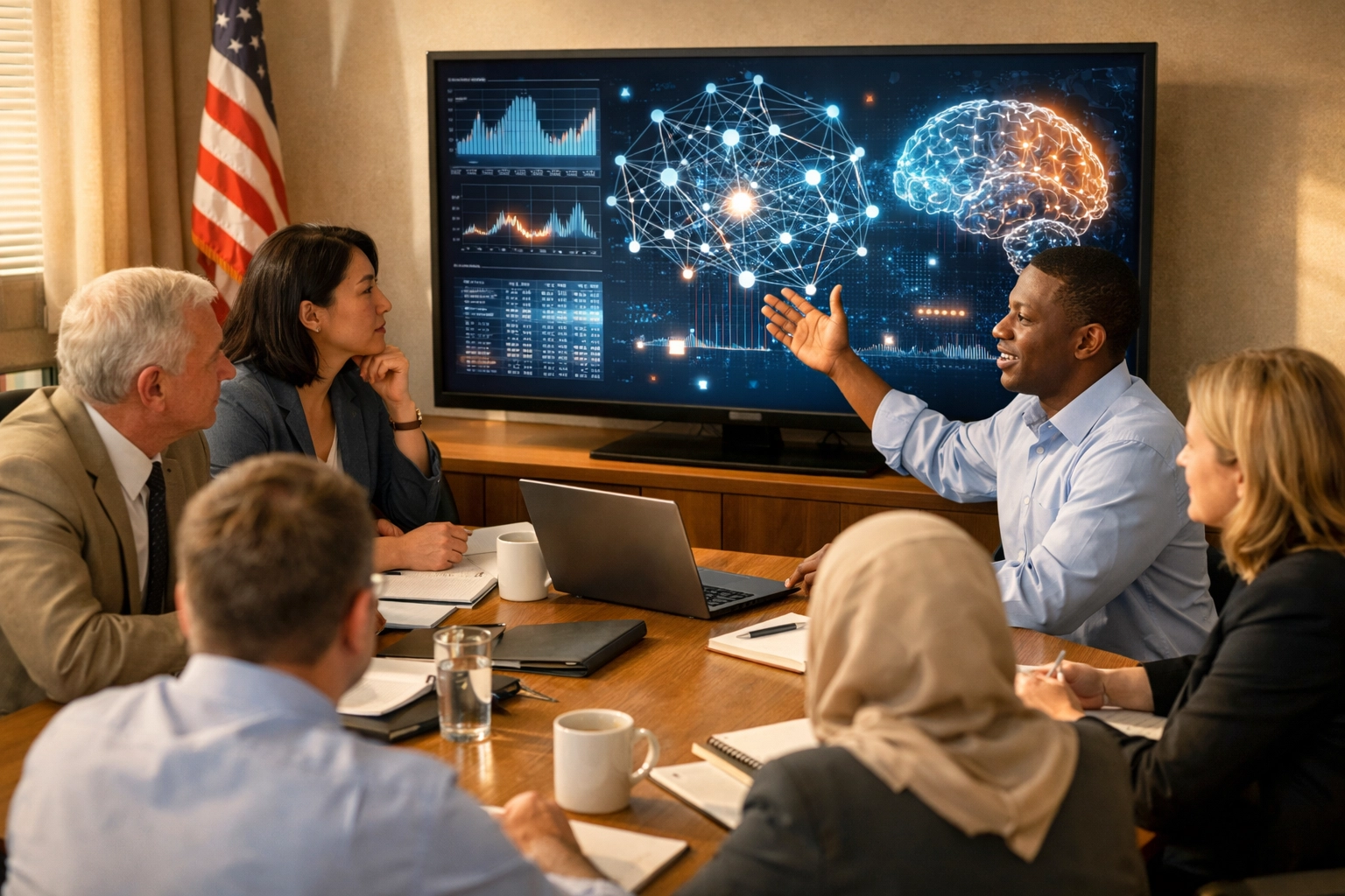 Government professionals collaborating during AI training session with data visualizations