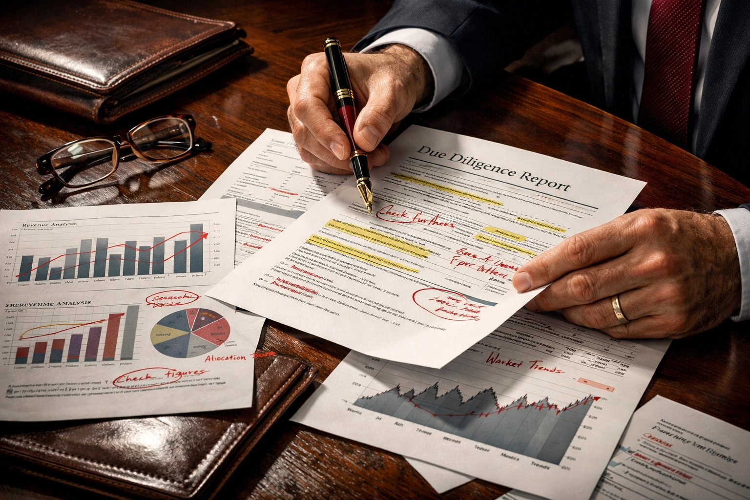 Investor reviewing financial documents and due diligence reports for alternative investment analysis