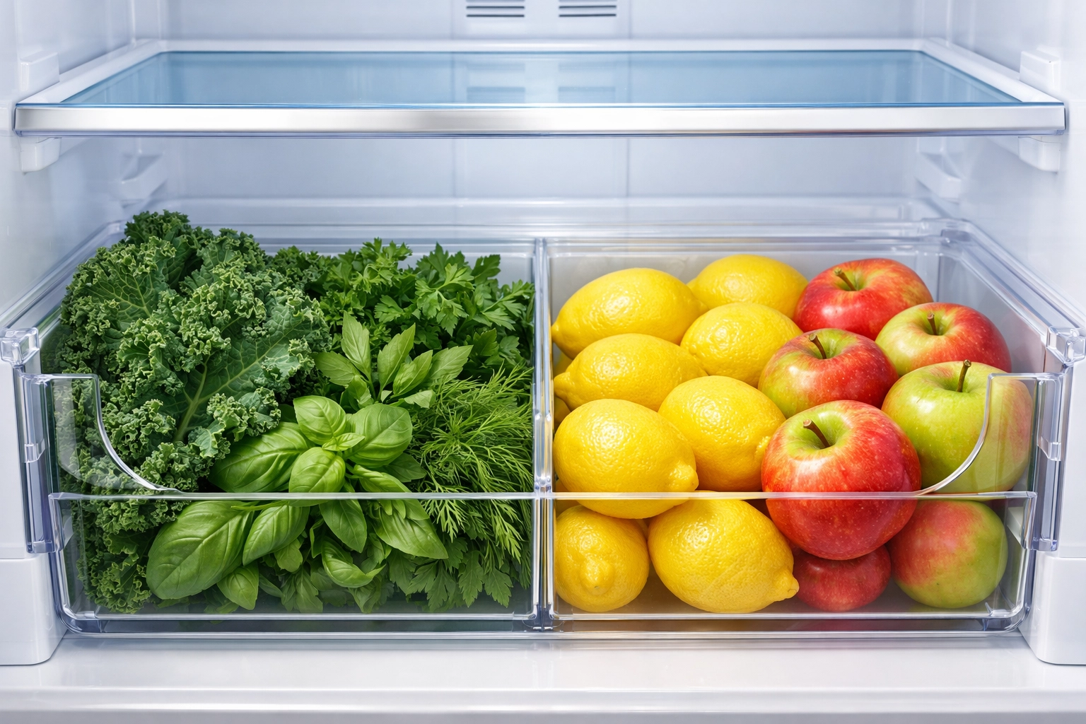 Organized fresh produce in a clean crisper drawer after bi weekly house cleaning.