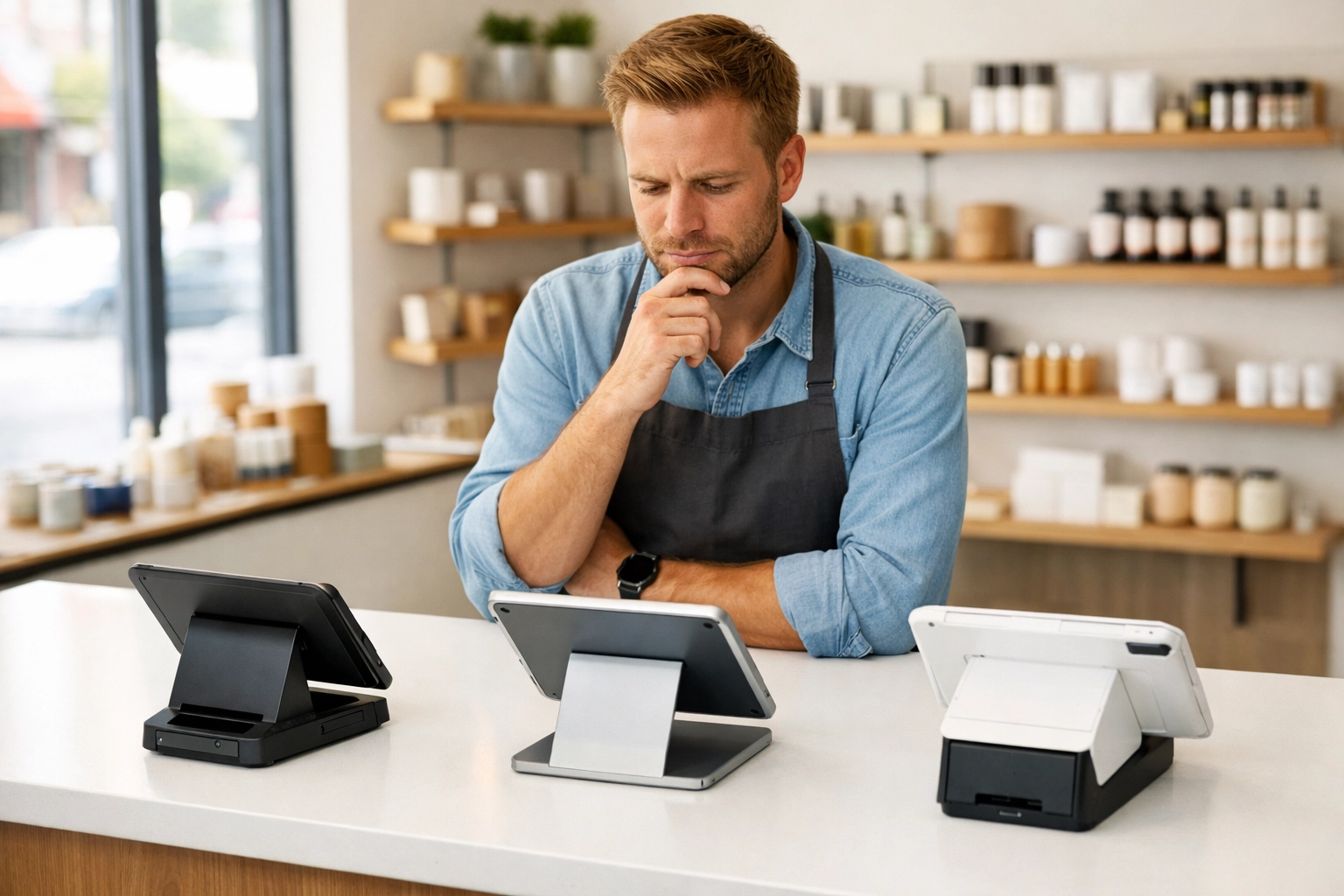 UK business owner comparing three different POS tablet systems on retail shop counter