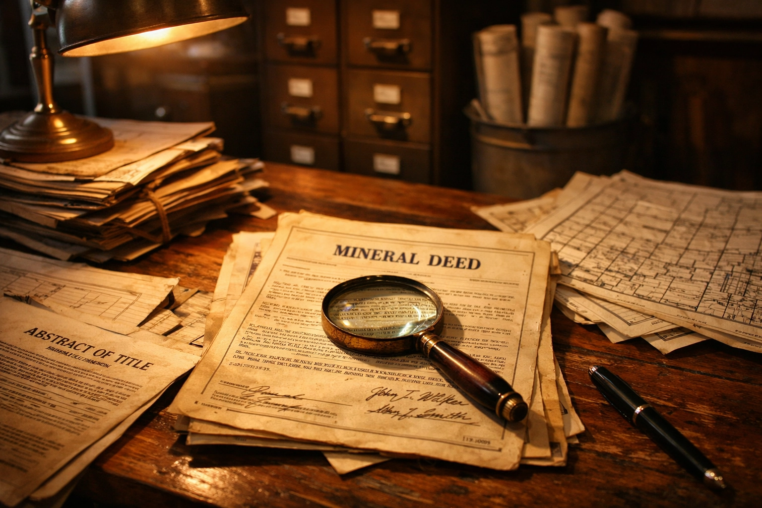 Mineral rights documents and property deeds on title company desk during due diligence review