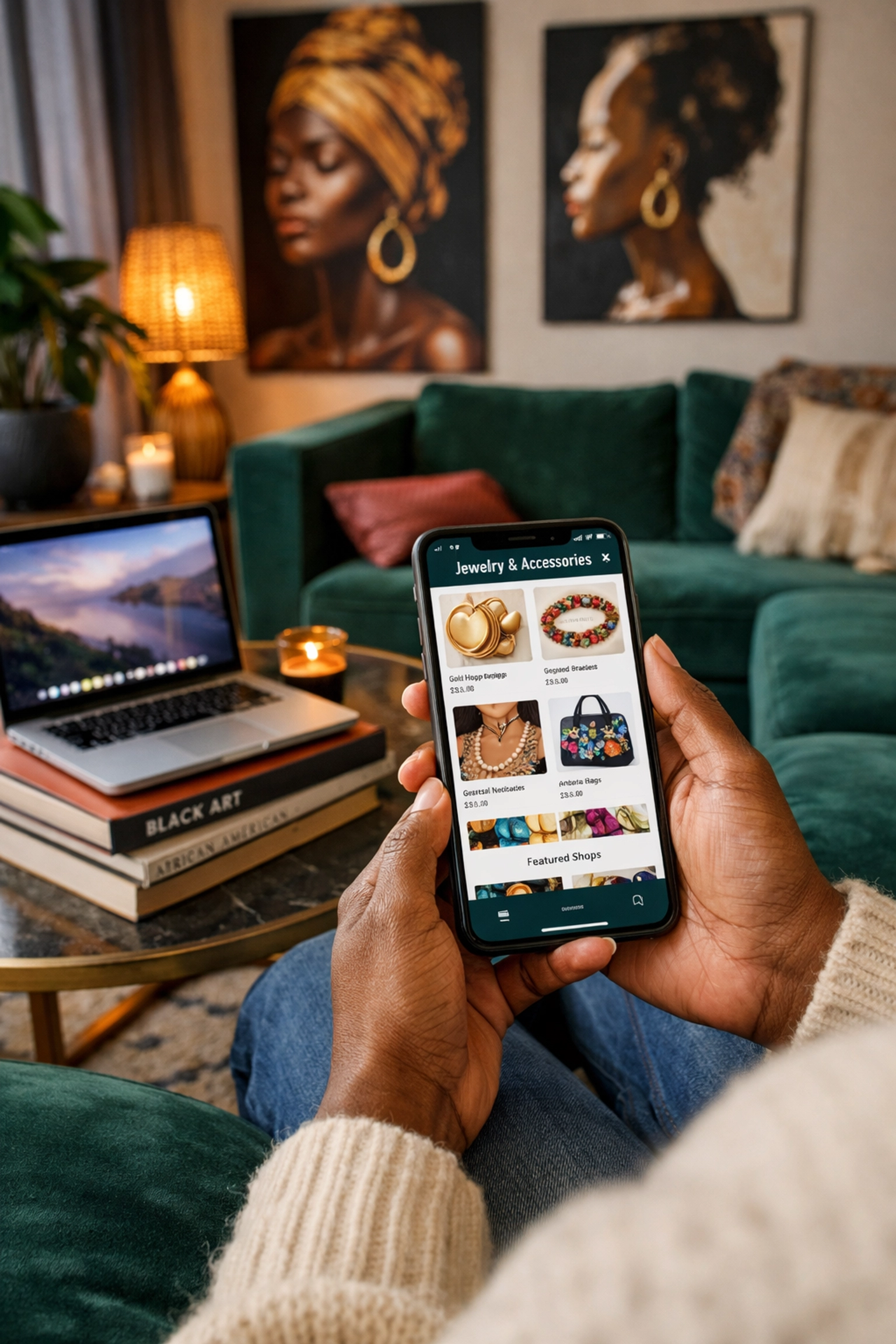 Conscious shopper using a smartphone to browse Black-owned brands on The Black Wall Streets marketplace.