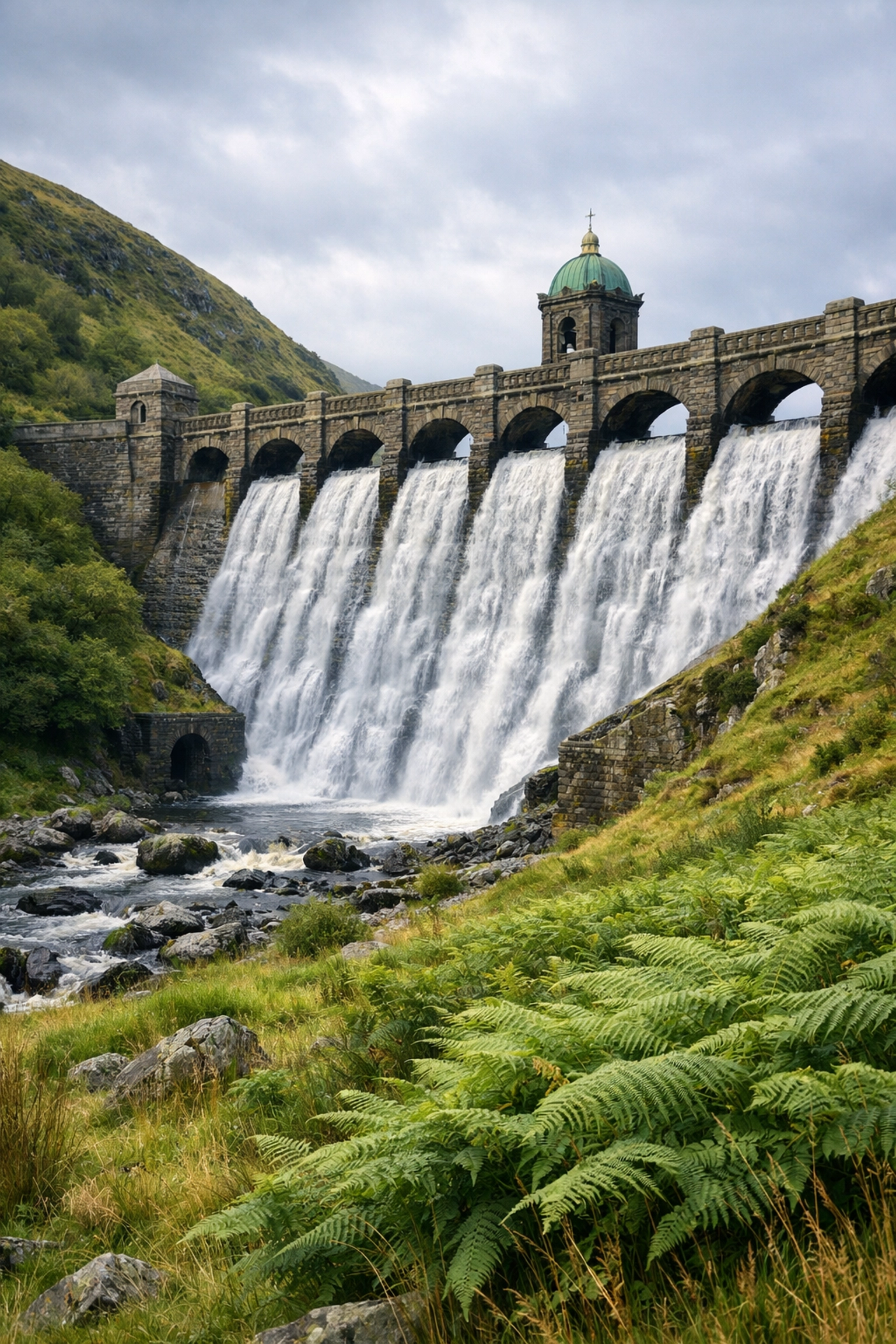 Historic stone dam in the Elan Valley, Wales, a highlight of guided hiking tours in the UK.